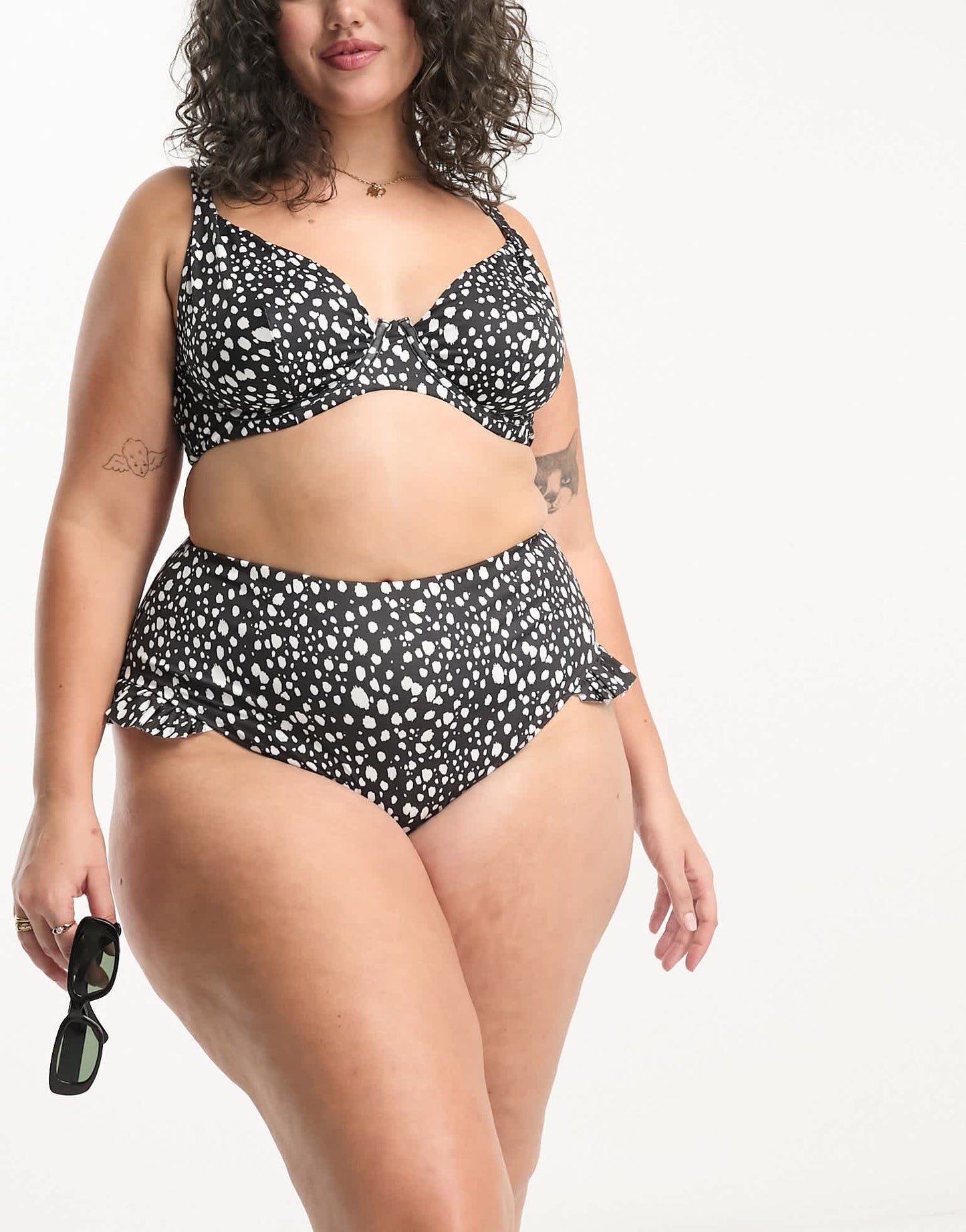 ASOS DESIGN Curve mix and match frill high waist bikini bottom in mono spot print