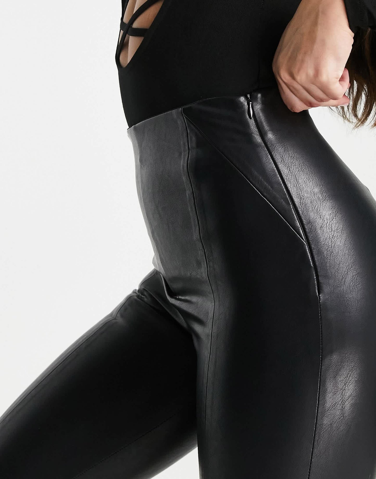 Stradivarius Tall faux leather skinny trouser in black
