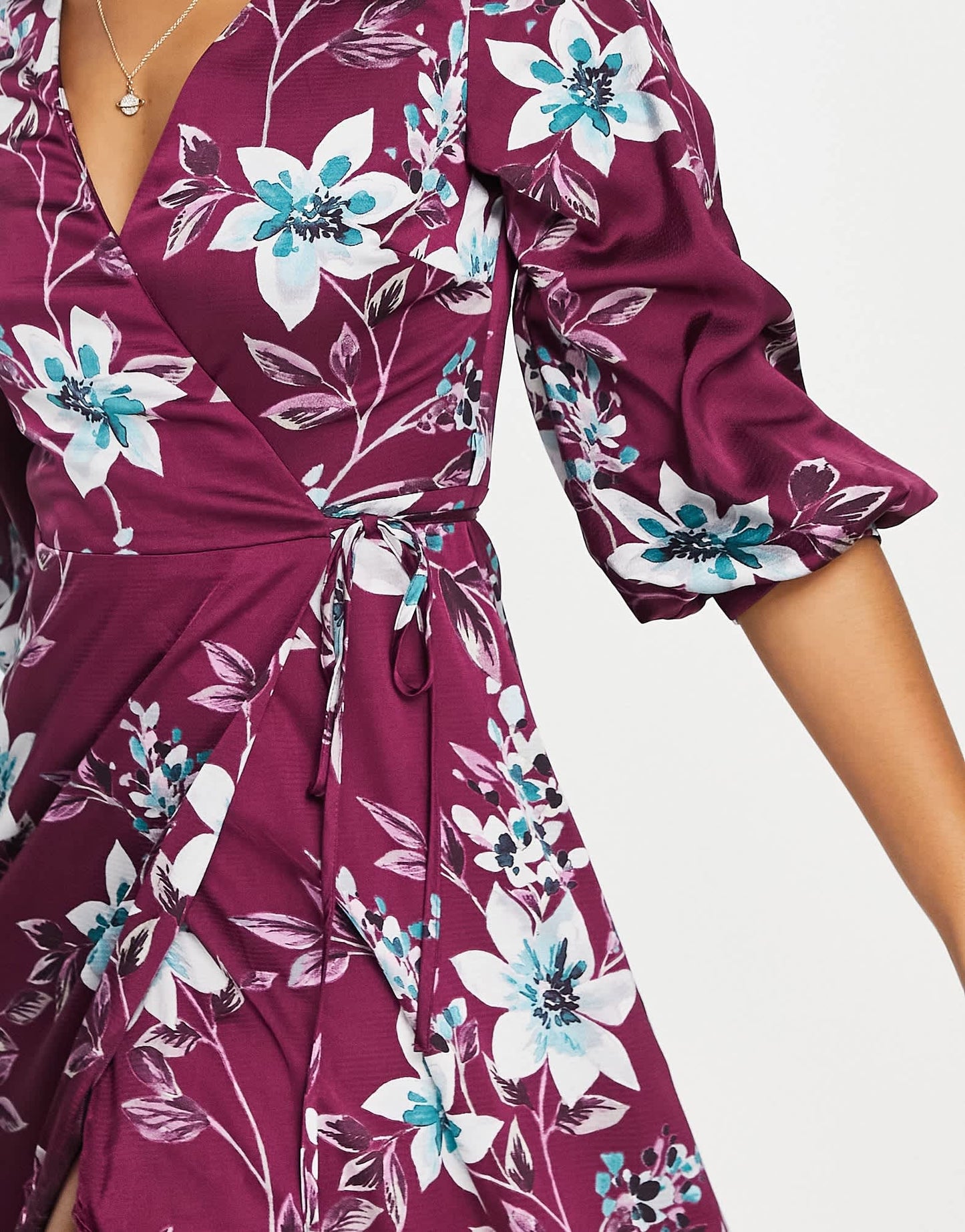 Liquorish satin wrap midi dress with puff sleeve in wine placement floral