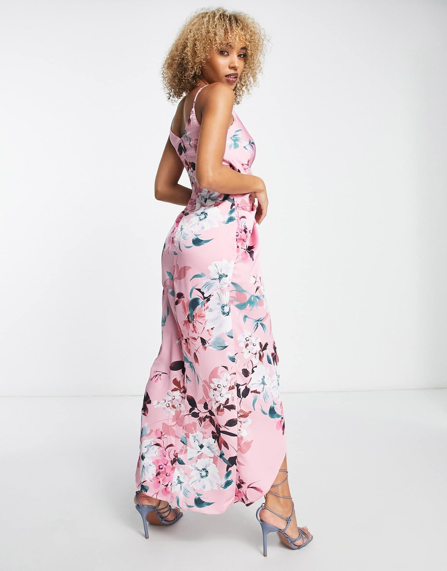 Liquorish cami strap satin wrap maxi dress in dusky pink floral