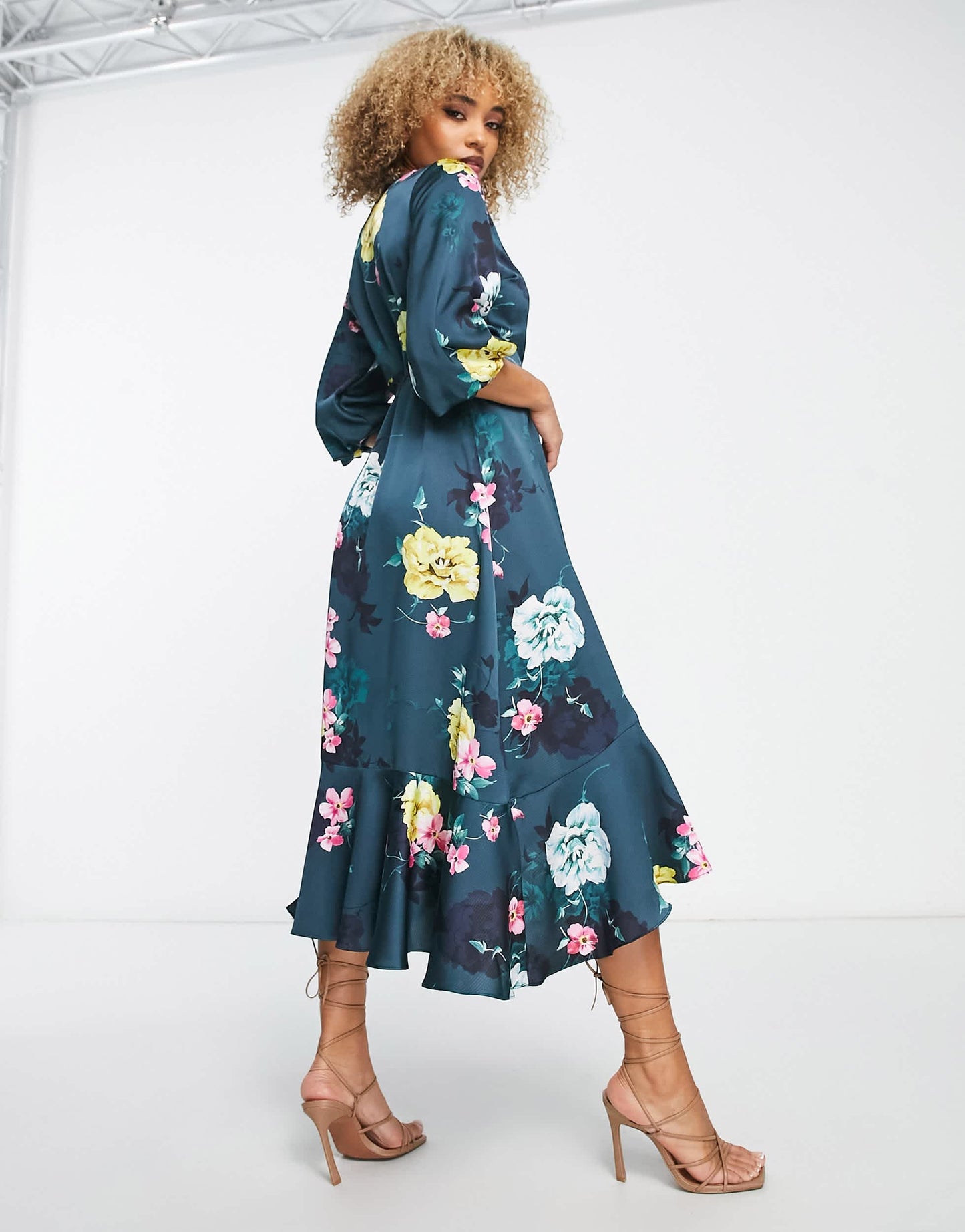 Liquorish satin wrap midi dress with puff sleeve in black floral