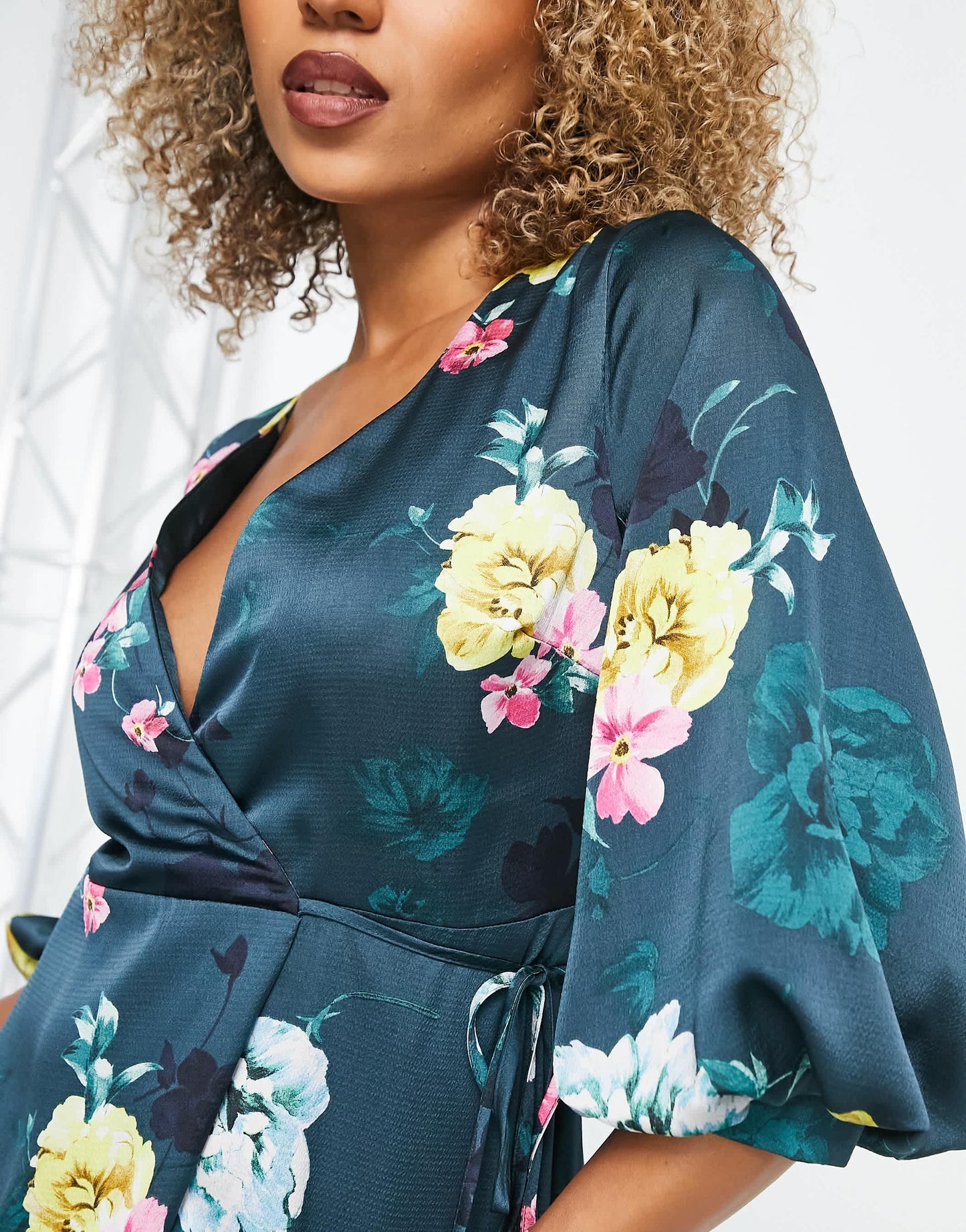 Liquorish satin wrap midi dress with puff sleeve in black floral