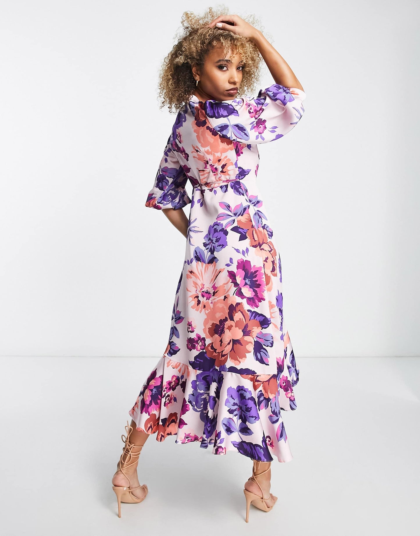 Liquorish satin wrap midi dress with puff sleeve in overscale floral print