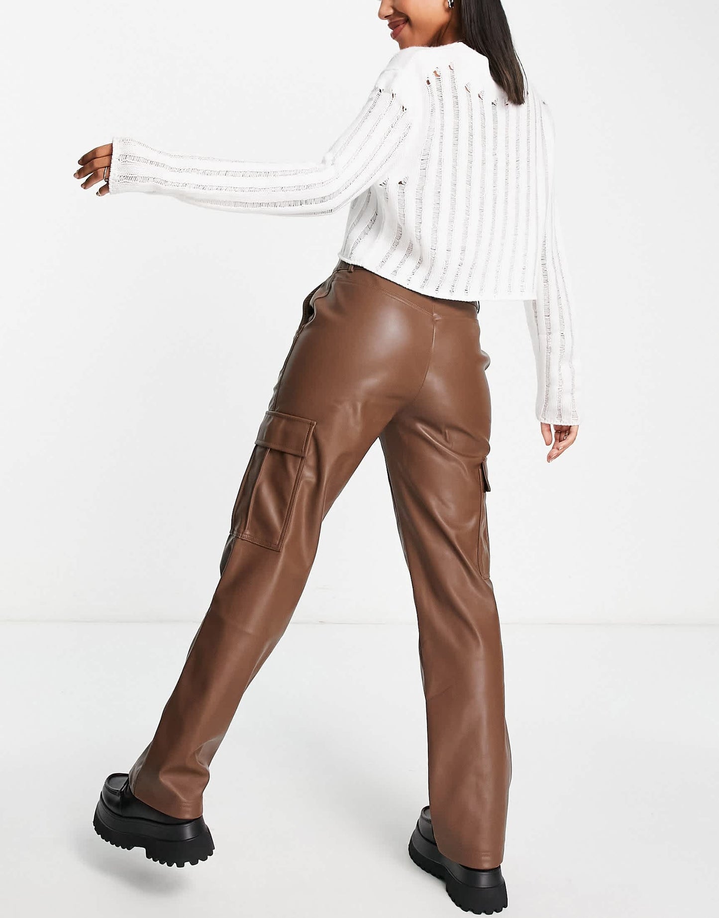 Stradivarius STR faux leather straight leg cargo trouser in brown