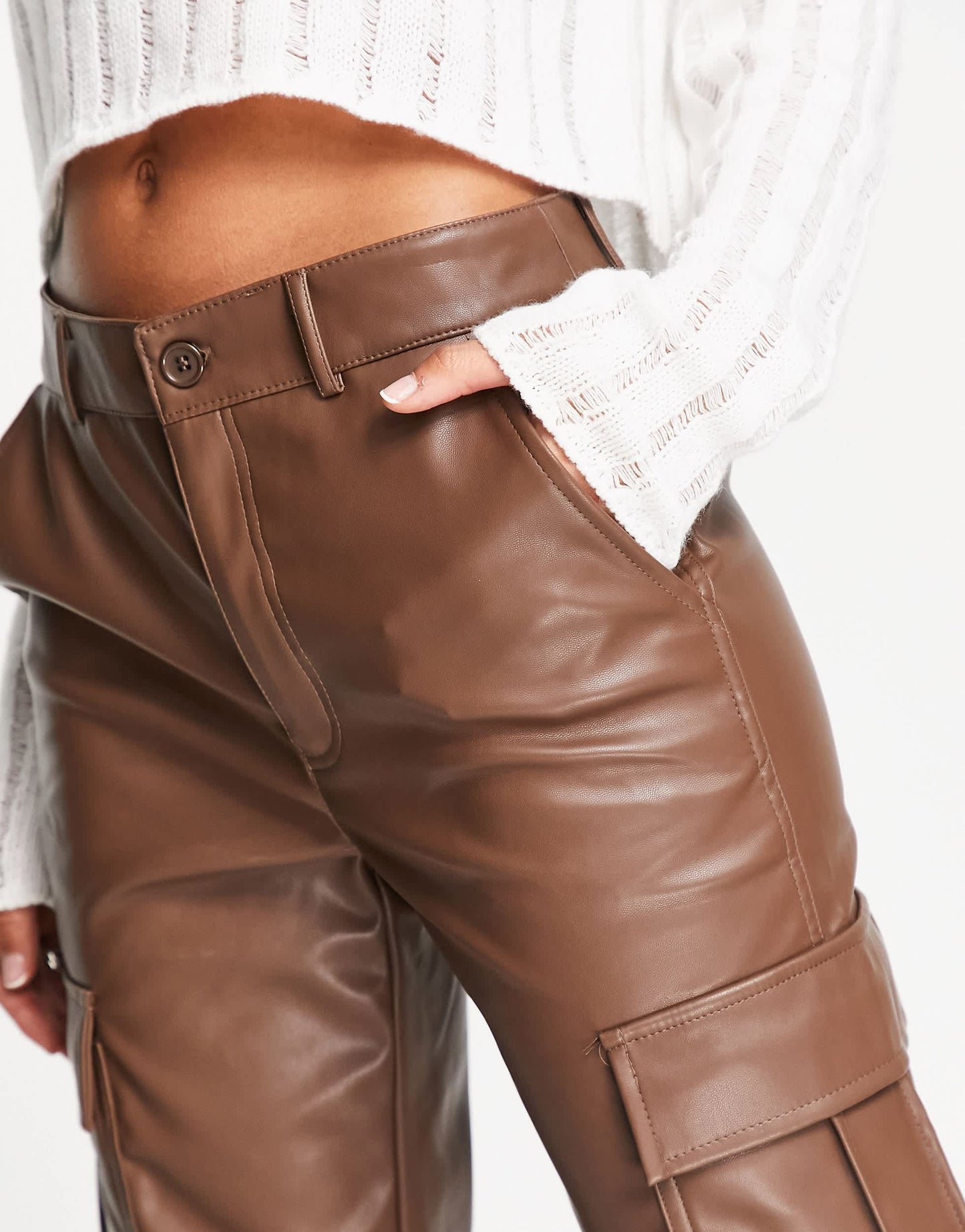 Stradivarius STR faux leather straight leg cargo trouser in brown