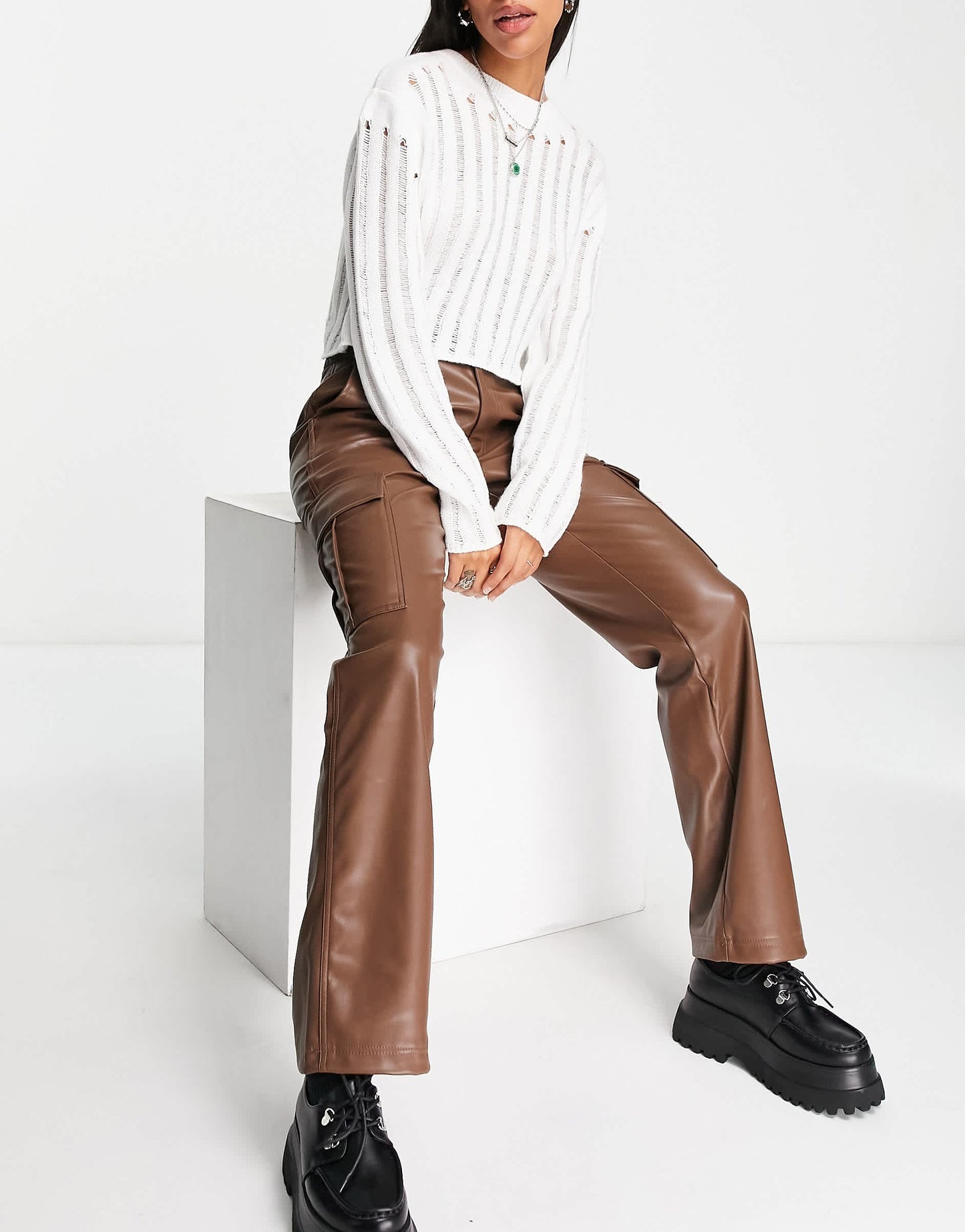 Stradivarius STR faux leather straight leg cargo trouser in brown
