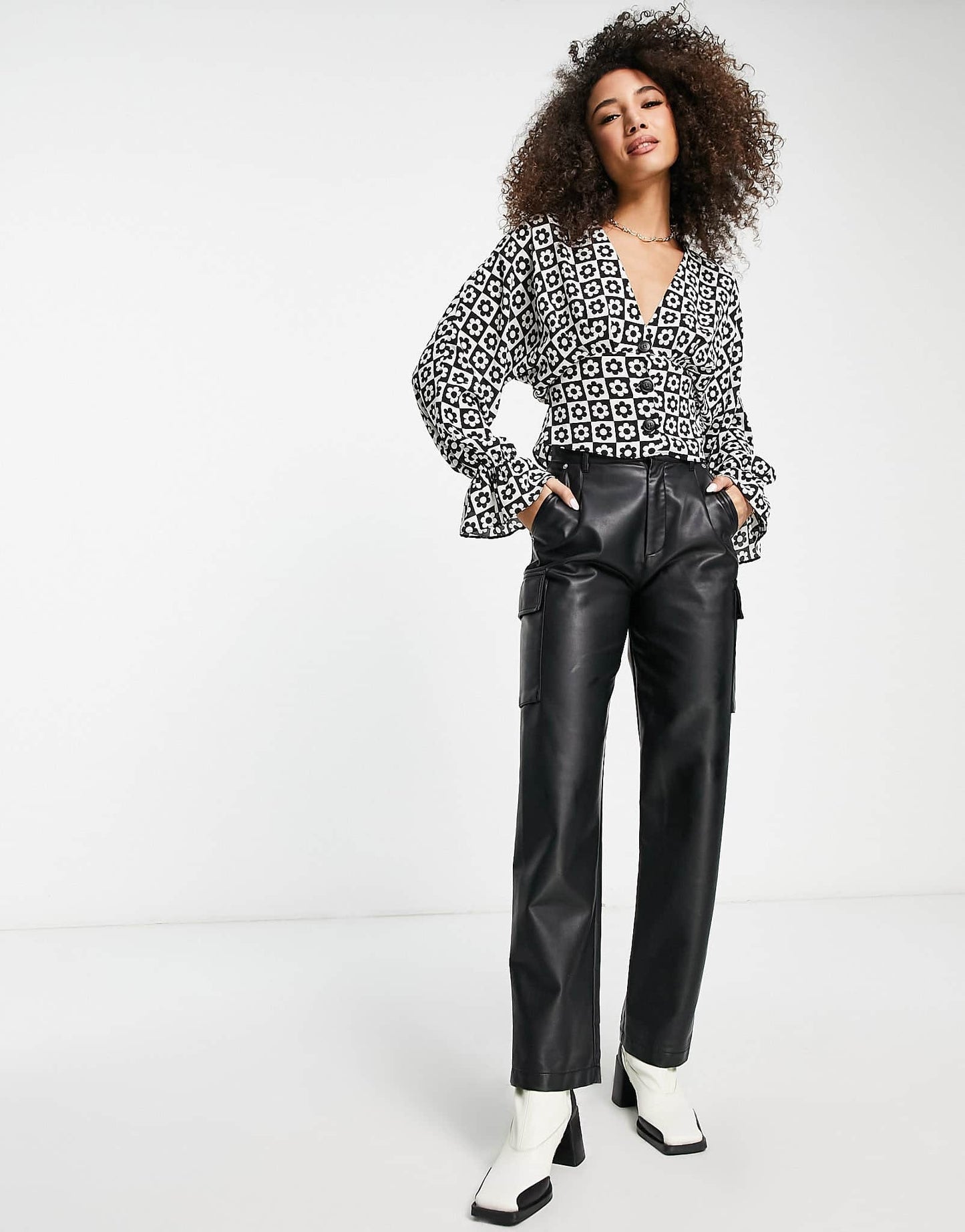 ASOS DESIGN pleat front long sleeve blouse with button front in flower mono check