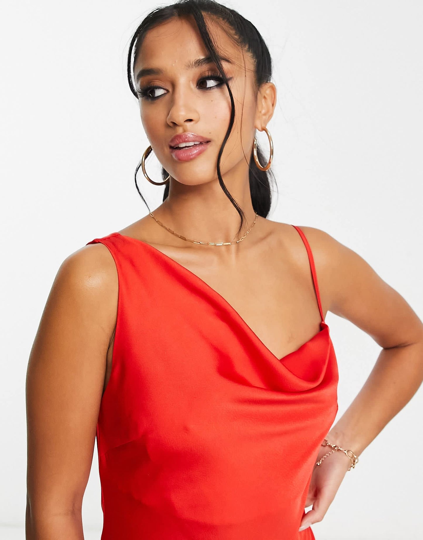 Lola May Petite satin ruched asymmetric shoulder mini dress in red