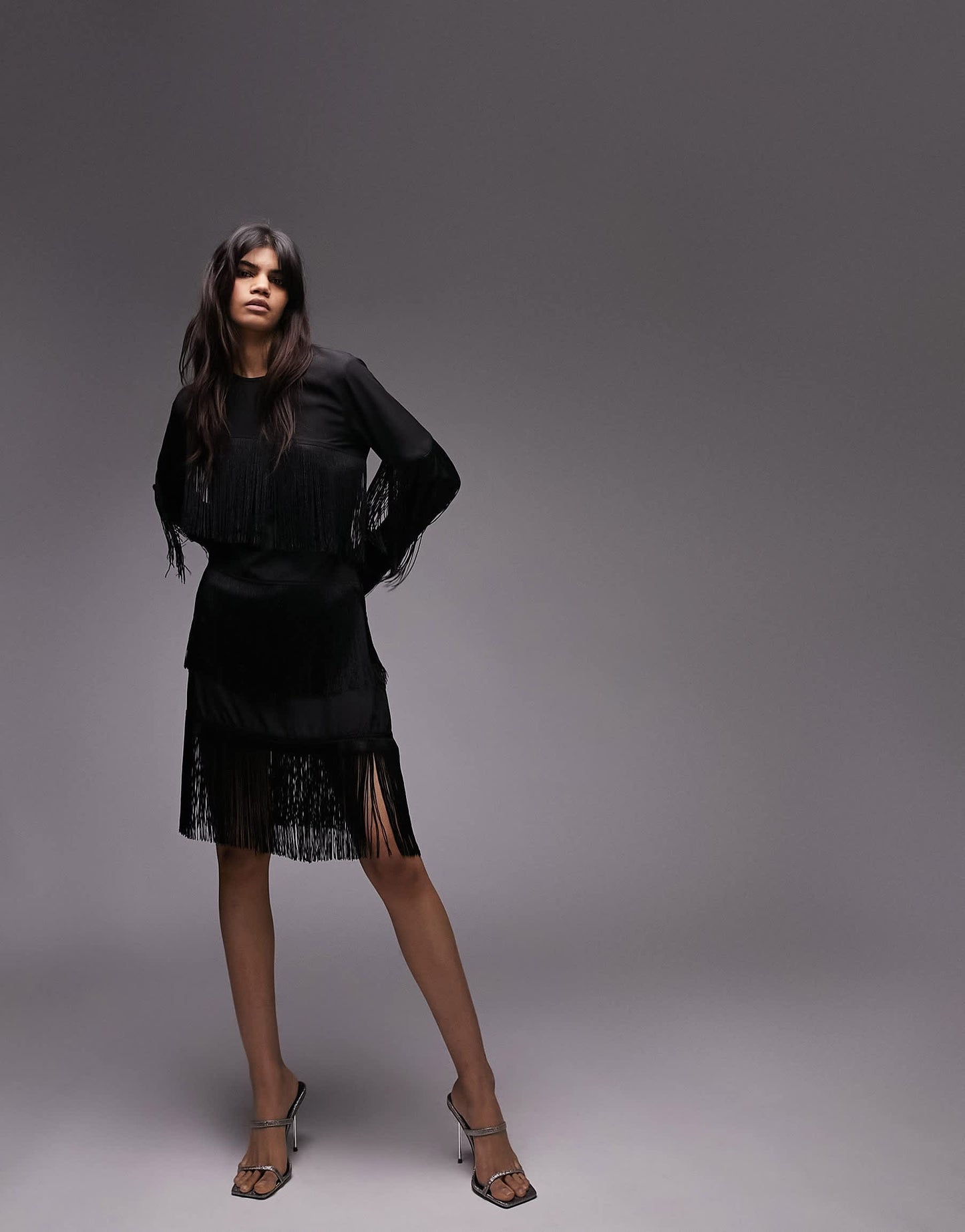 Topshop fringe detail asymmetric long sleeve mini dress in black
