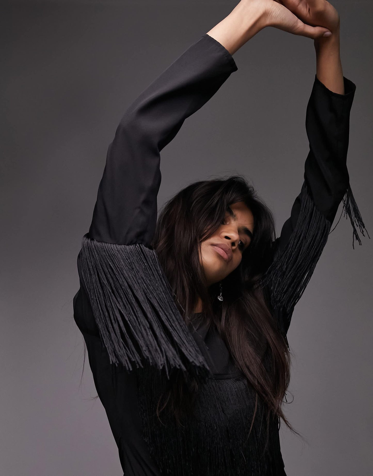 Topshop fringe detail asymmetric long sleeve mini dress in black