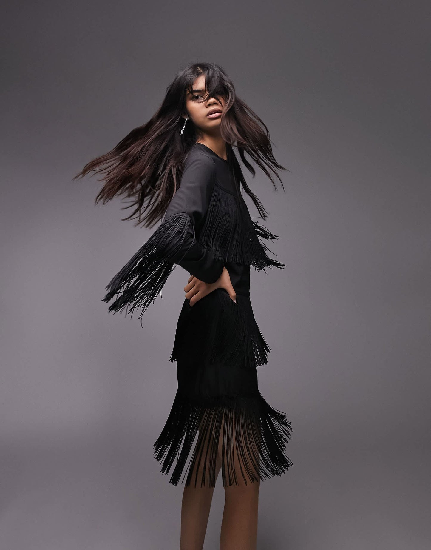 Topshop fringe detail asymmetric long sleeve mini dress in black