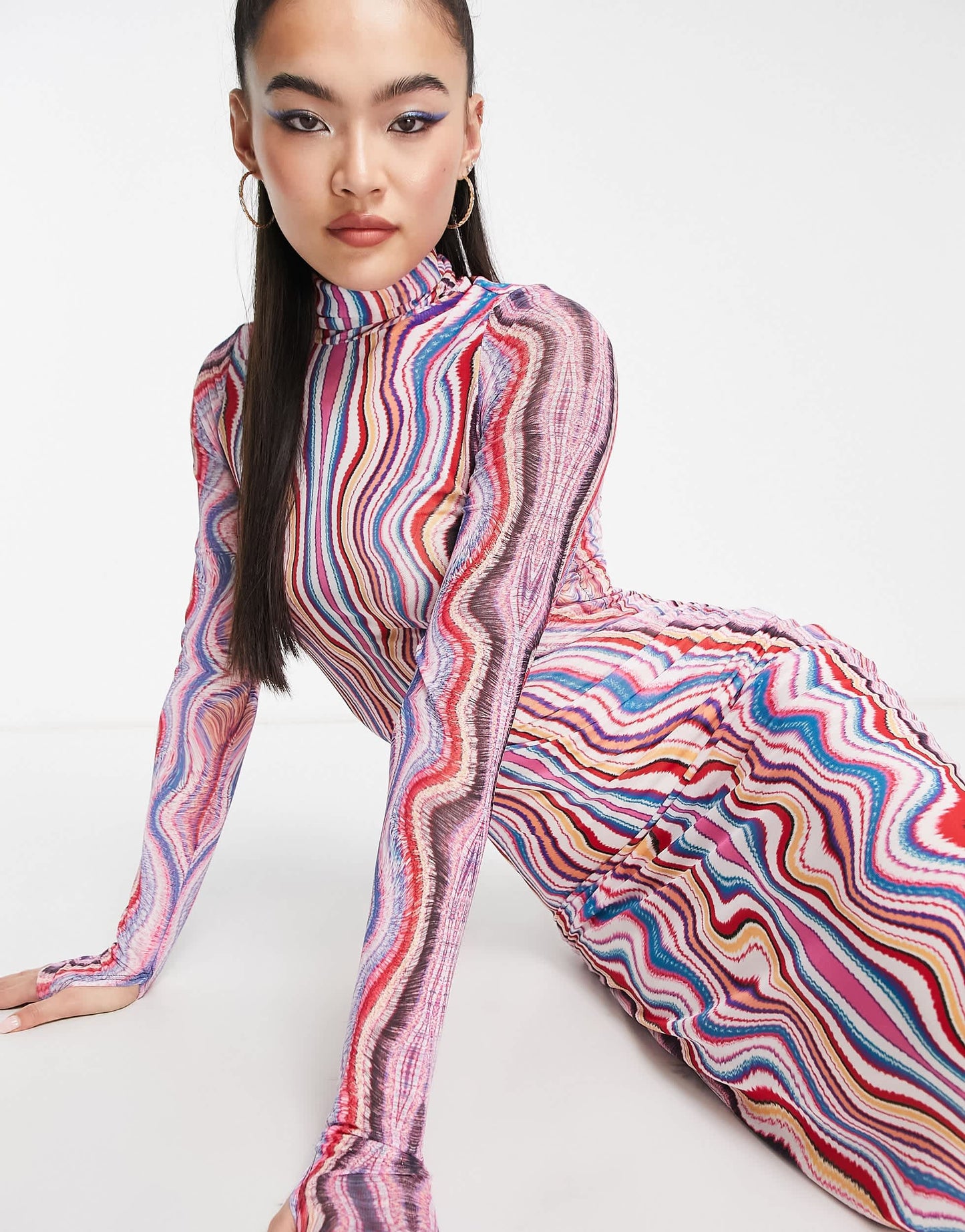 AFRM shailene turtleneck long sleeve mesh midi dress in swirl print