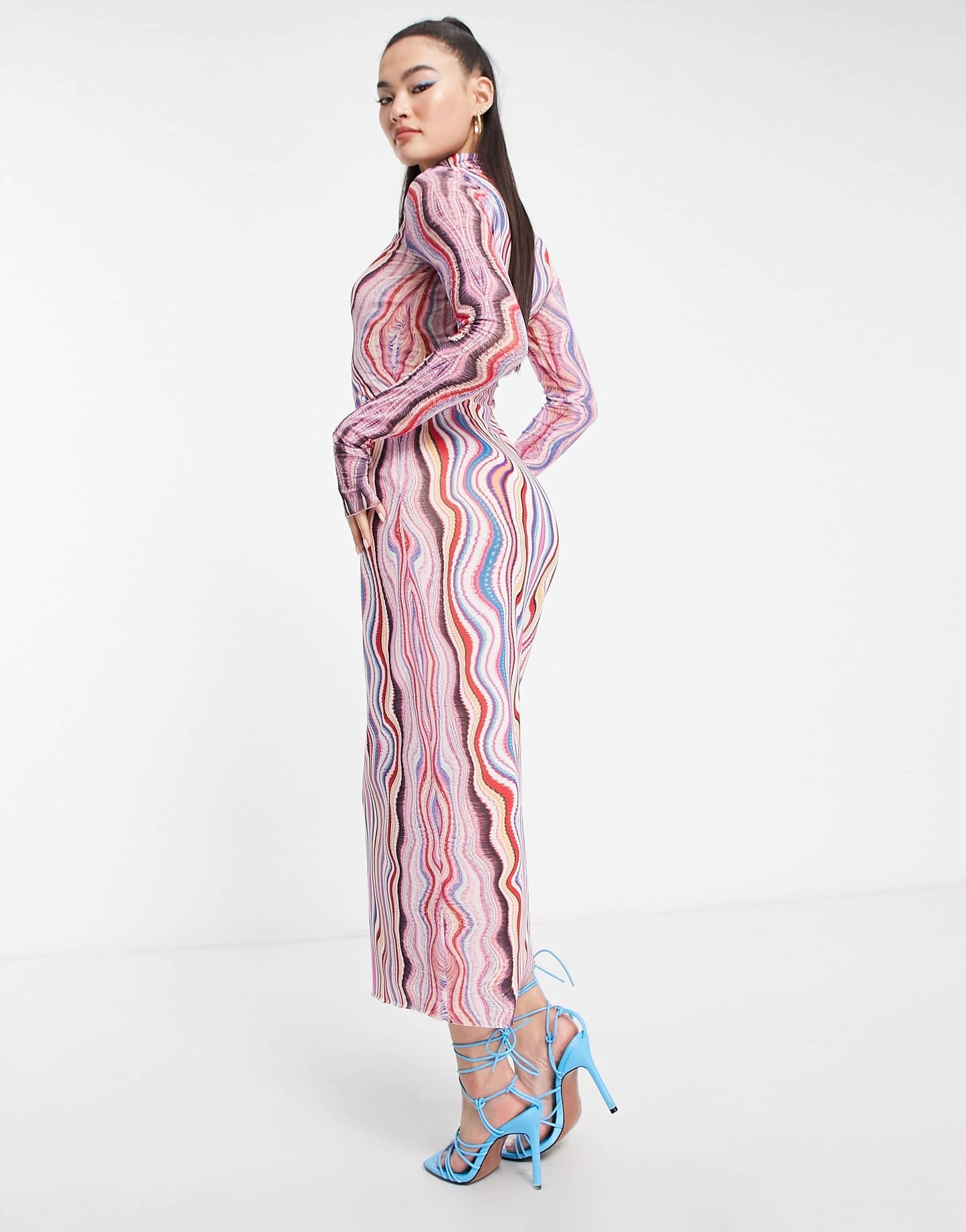 AFRM shailene turtleneck long sleeve mesh midi dress in swirl print