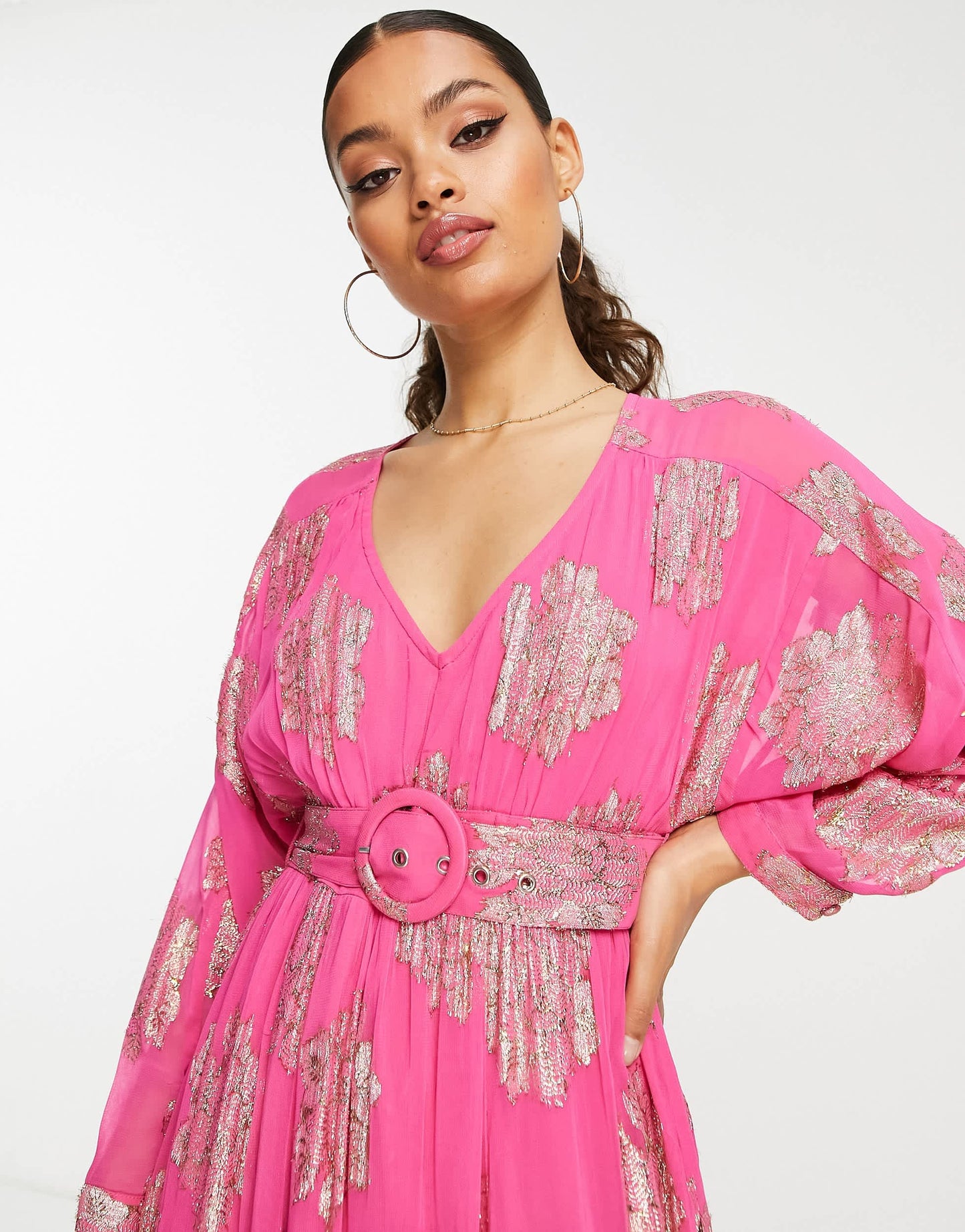 ASOS DESIGN Petite belted batwing maxi tea dress in pink metallic jacquard