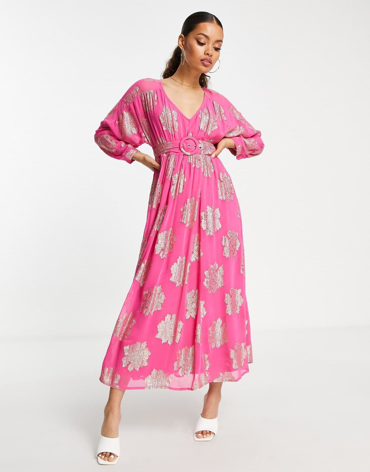 ASOS DESIGN Petite belted batwing maxi tea dress in pink metallic jacquard