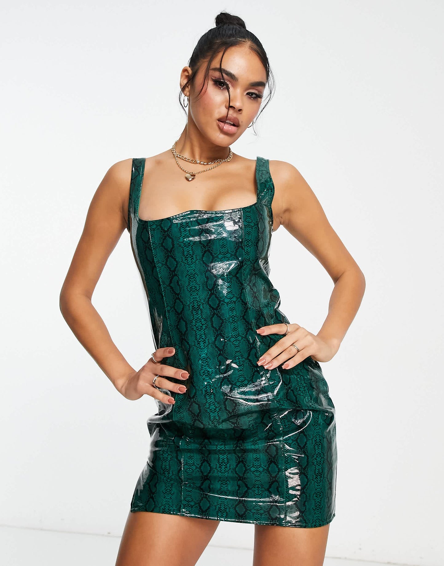 Kaiia exclusive vinyl corset detail mini dress in green snake