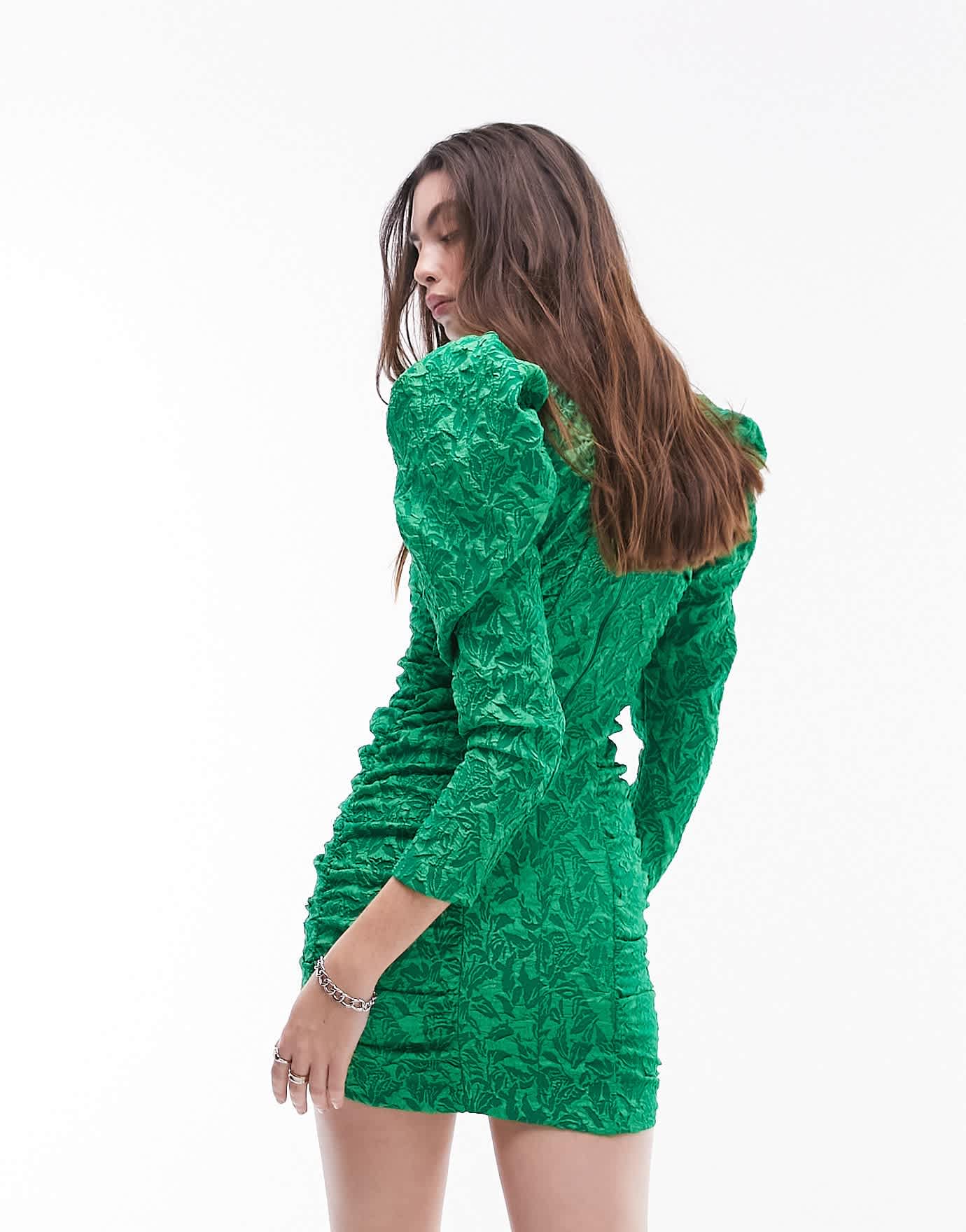 Topshop jacquard sleeve detail mini dress in green