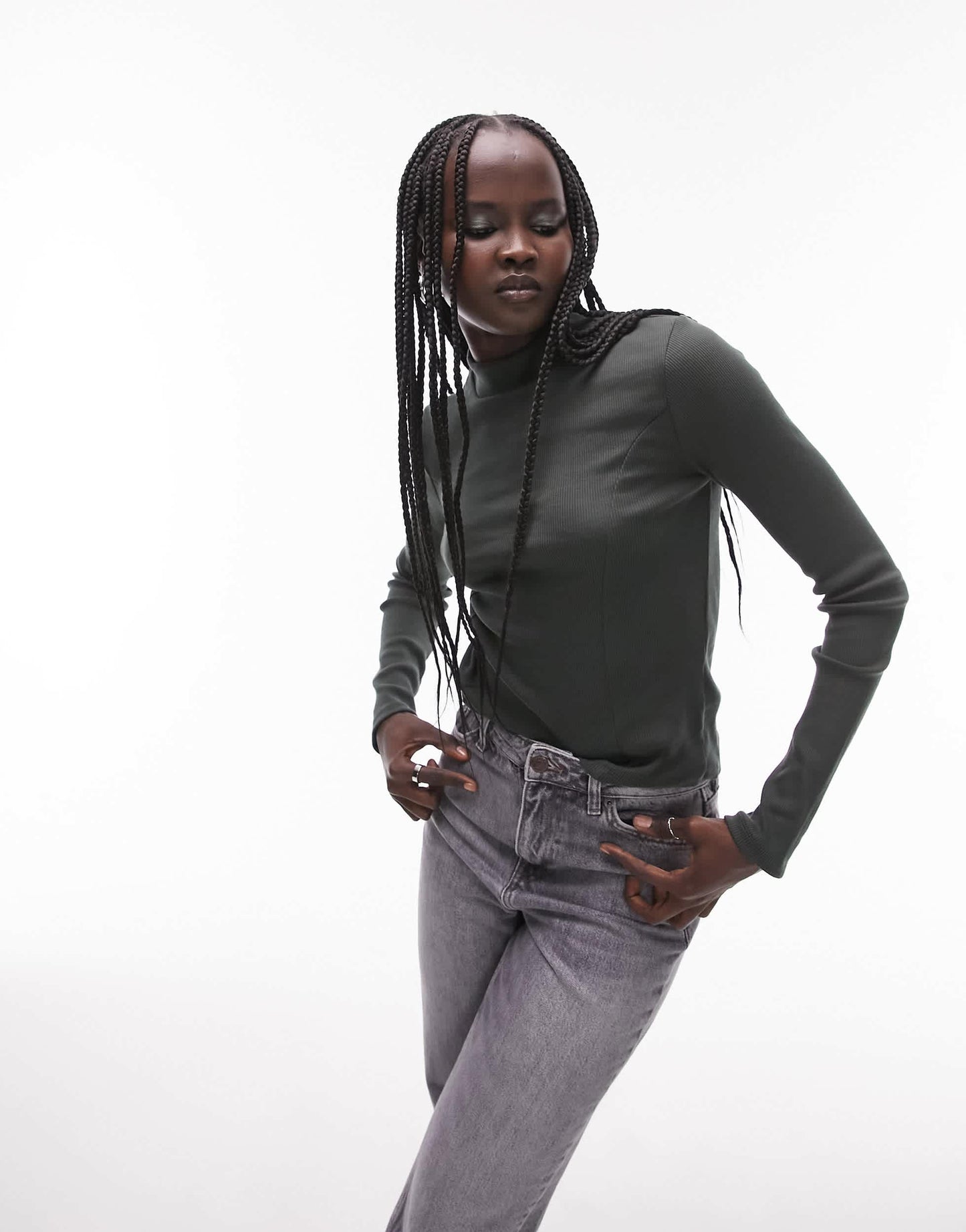 Topshop long sleeve funnel neck top in dark green