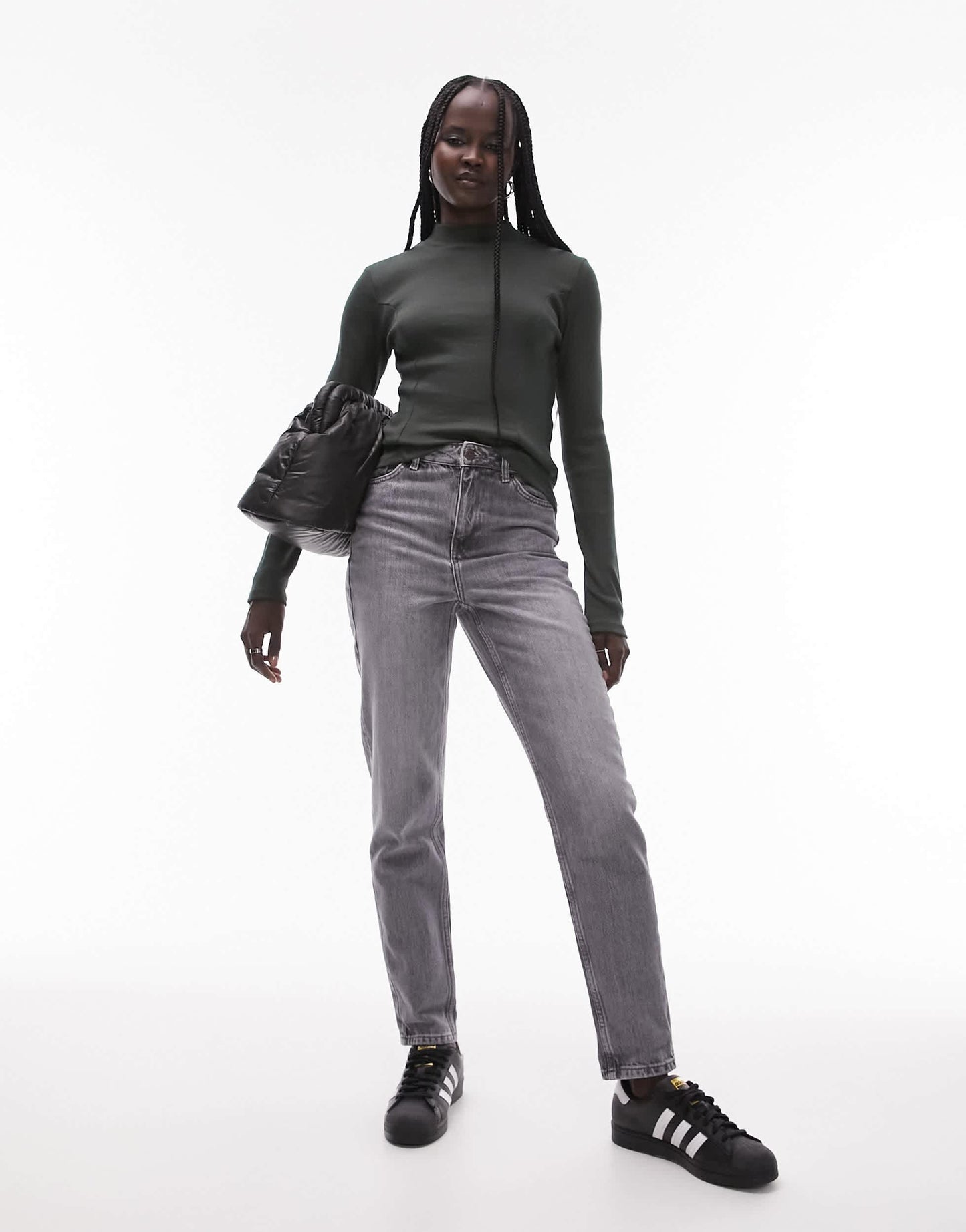 Topshop long sleeve funnel neck top in dark green