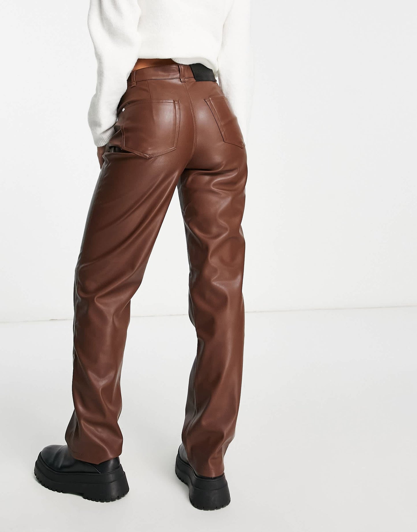 Bershka faux leather straight leg trouser in brown