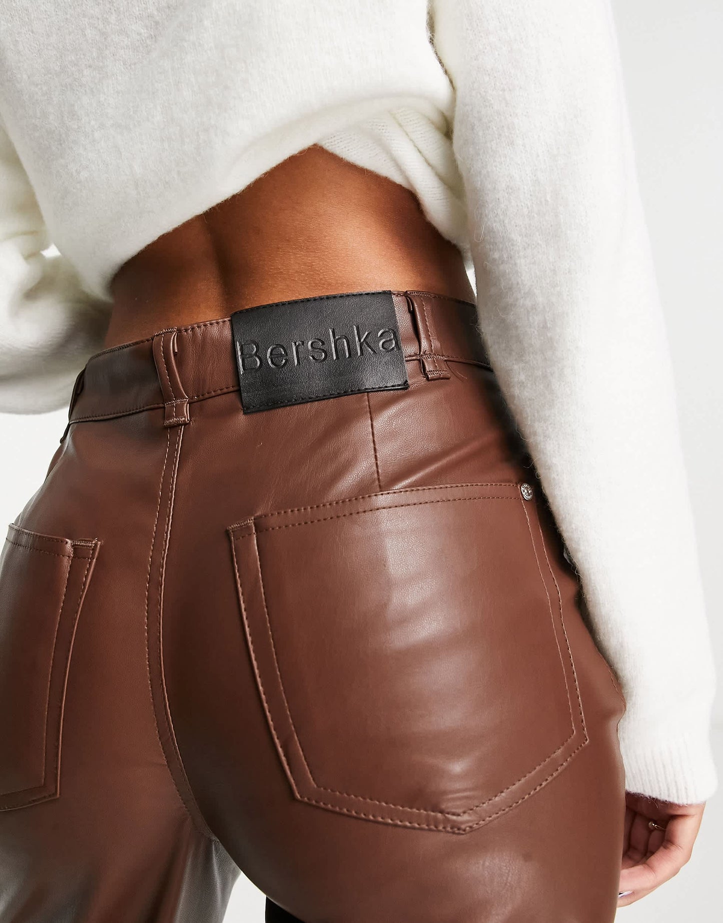 Bershka faux leather straight leg trouser in brown