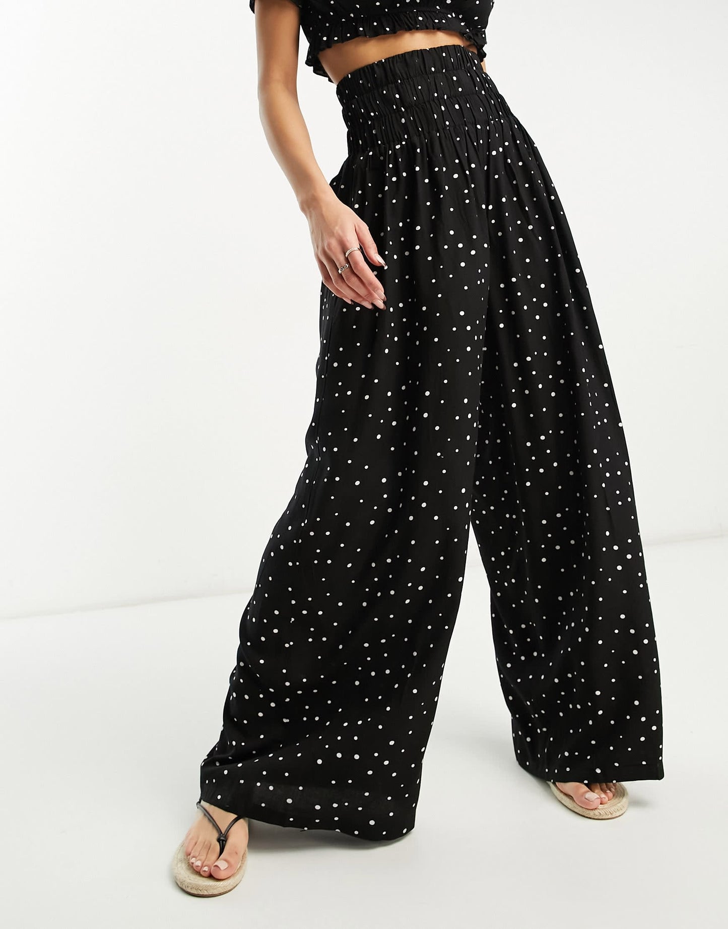 Esmee Exclusive beach shirred wide leg trouser co-ord in black polka dot