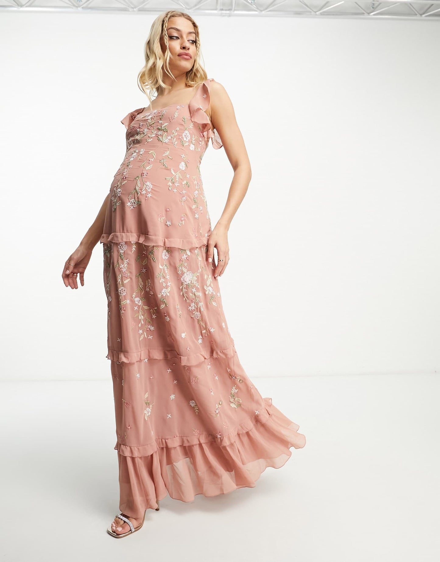 ASOS DESIGN Maternity Bridesmaid cami embellished maxi dress with embroidery in rose