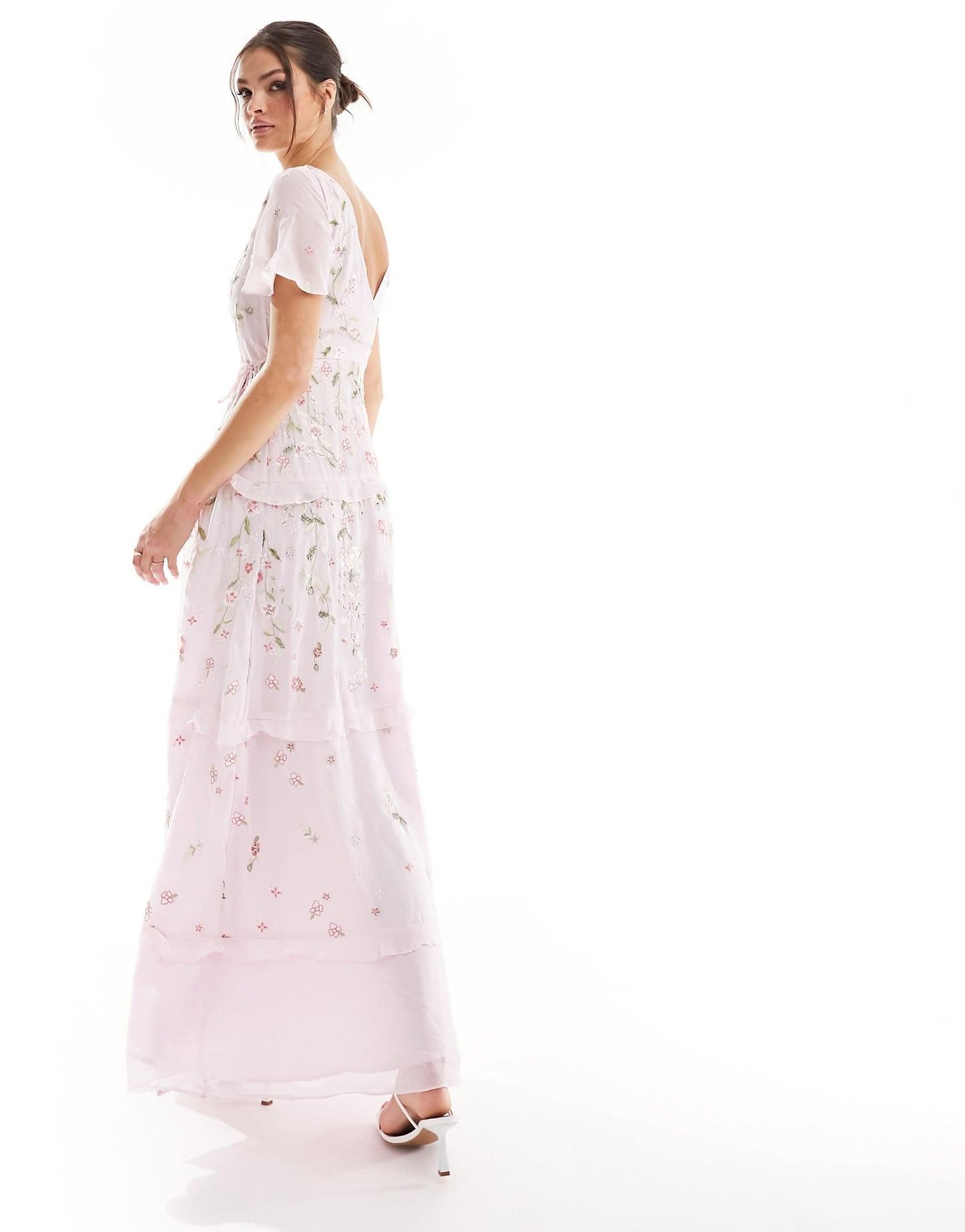 ASOS DESIGN Tall Bridesmaid flutter sleeve embellished wrap maxi dress with embroidery in light pink