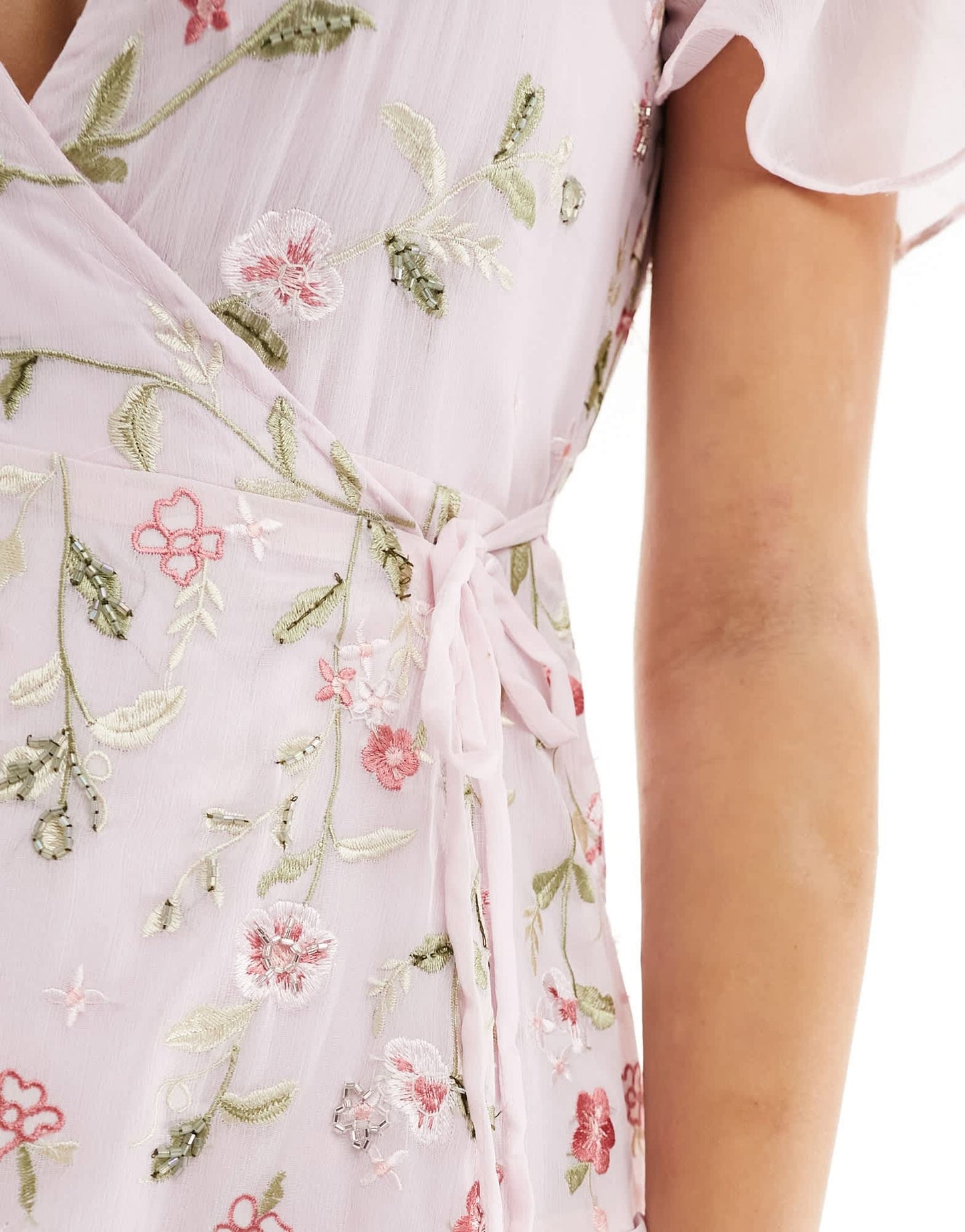 ASOS DESIGN Tall Bridesmaid flutter sleeve embellished wrap maxi dress with embroidery in light pink