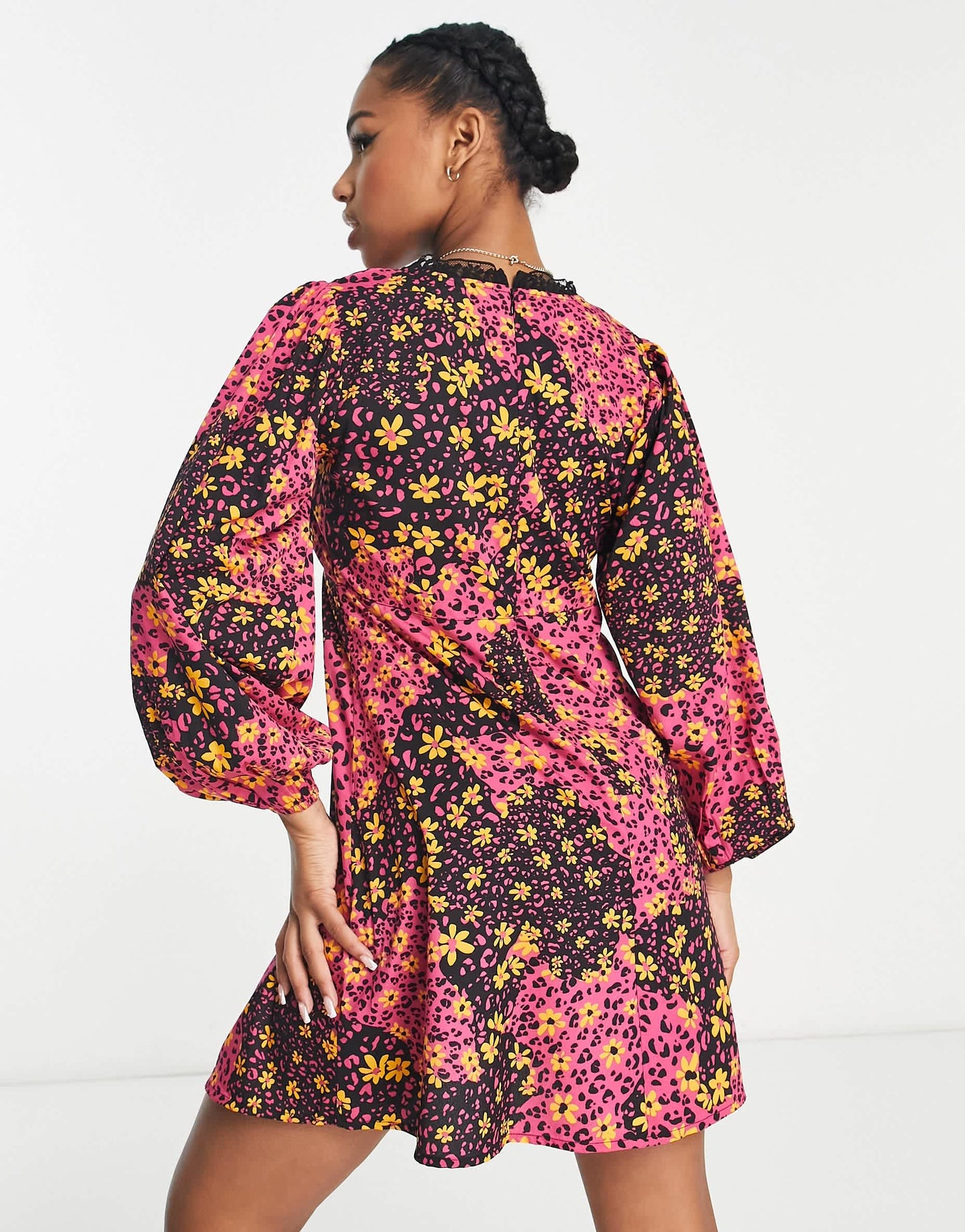 Influence blouson sleeve v neck mini skater dress with lace trim in mixed floral print