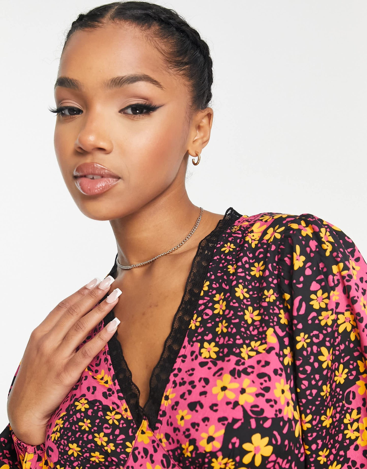 Influence blouson sleeve v neck mini skater dress with lace trim in mixed floral print