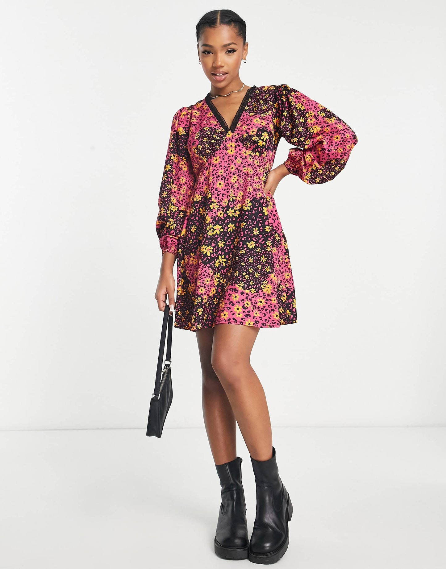 Influence blouson sleeve v neck mini skater dress with lace trim in mixed floral print