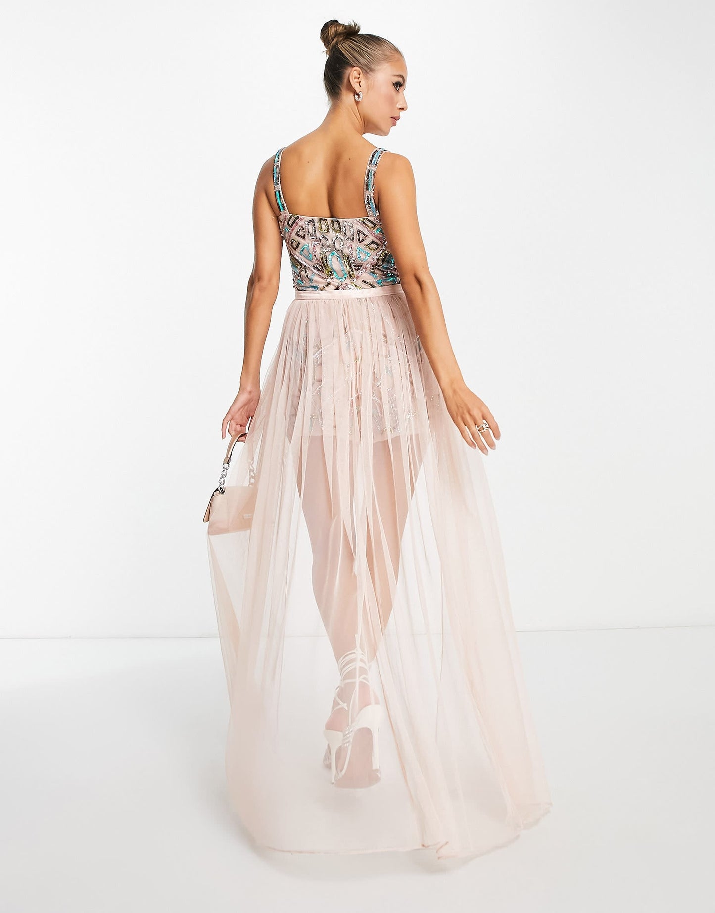 Starlet exclusive tulle overlay playsuit in mixed embellishment