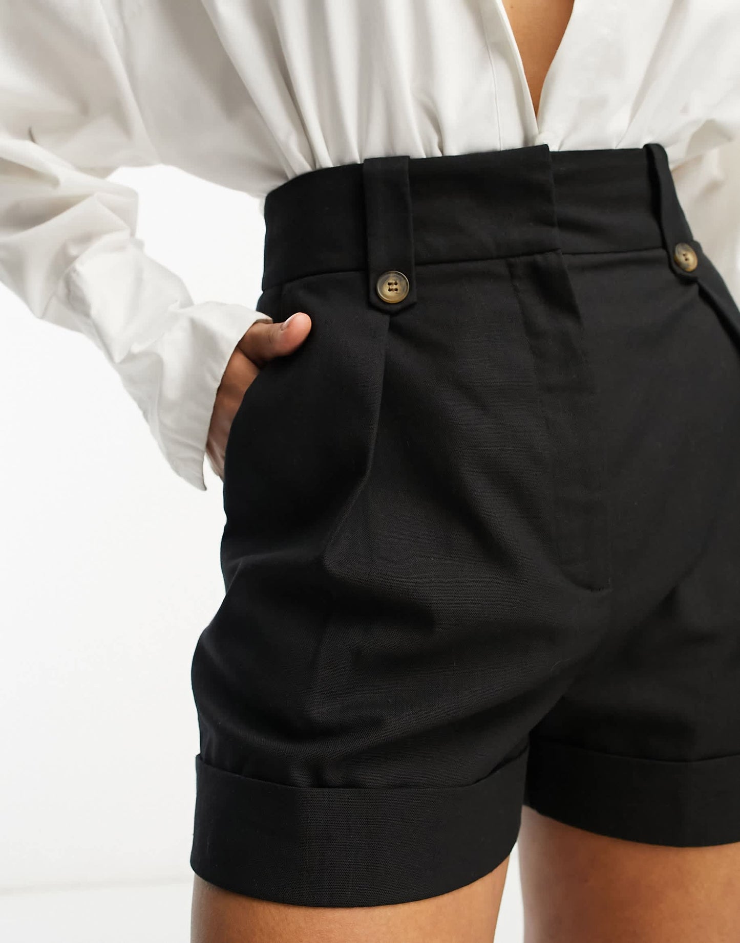 ASOS DESIGN Hourglass mom short with waist tabs with linen in black
