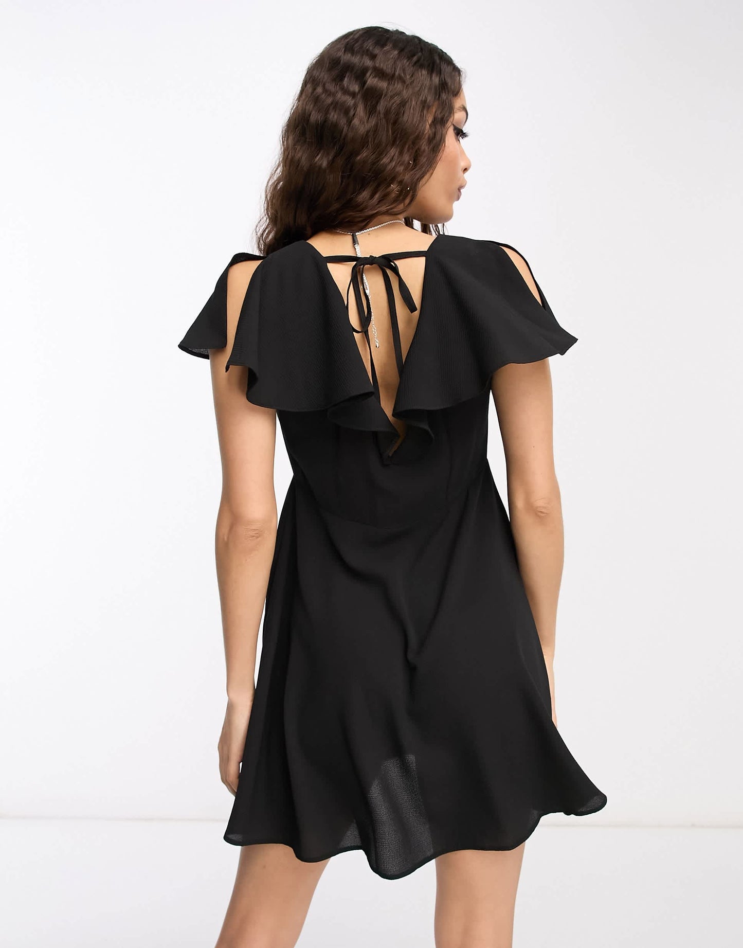 ASOS DESIGN Petite flutter sleeve mini tea dress with buttons in black