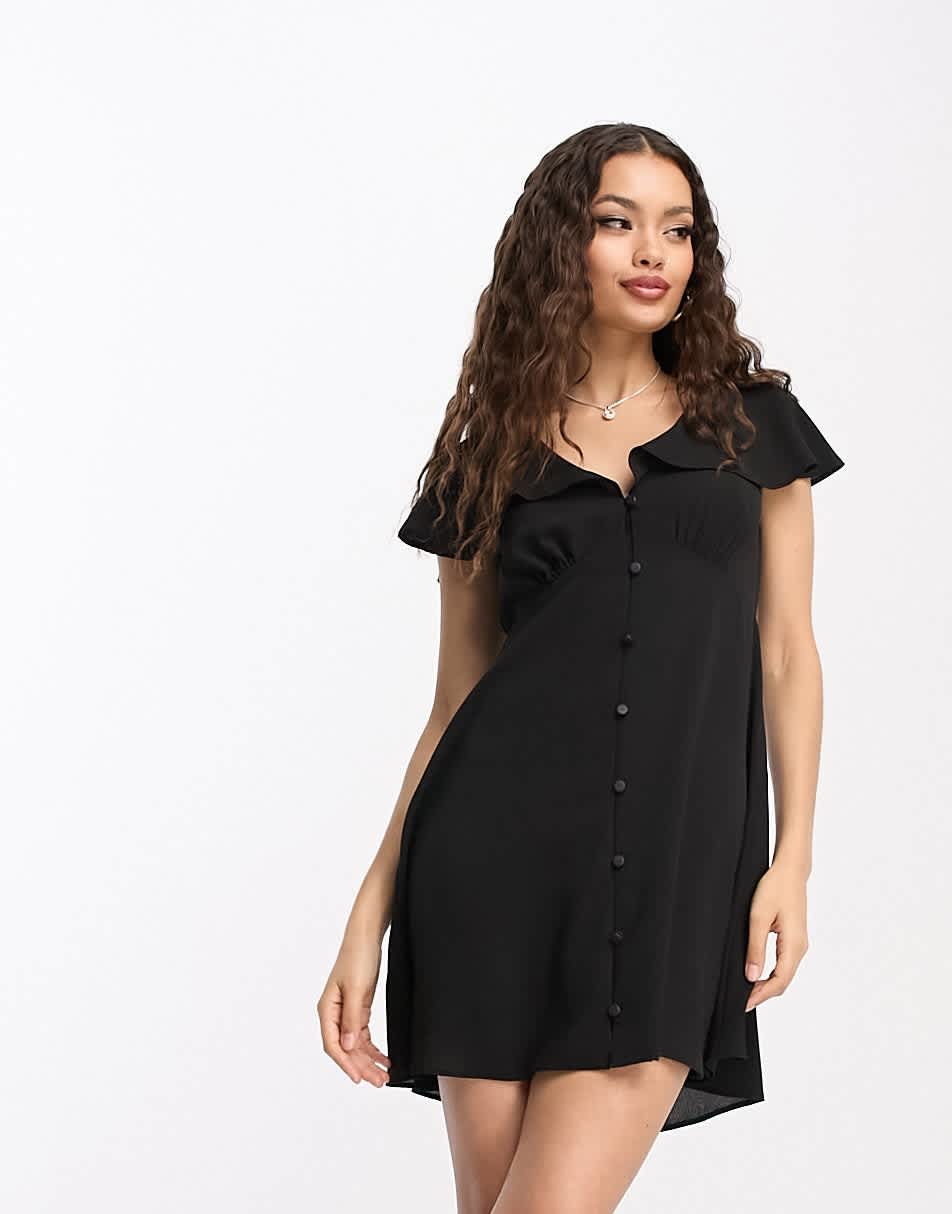 ASOS DESIGN Petite flutter sleeve mini tea dress with buttons in black
