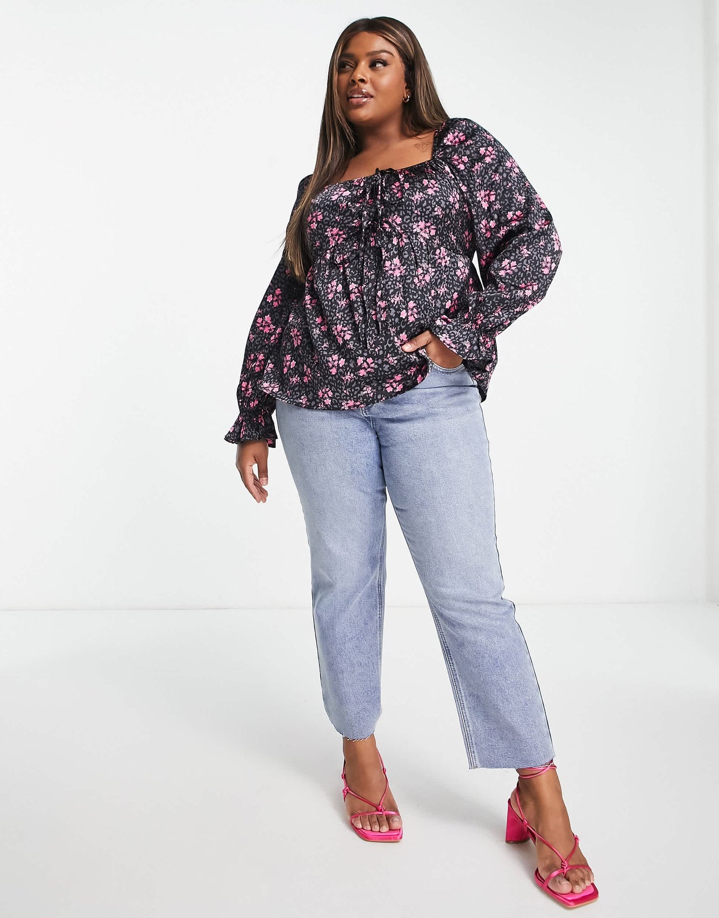 Simply Be satin square neck blouse in black floral
