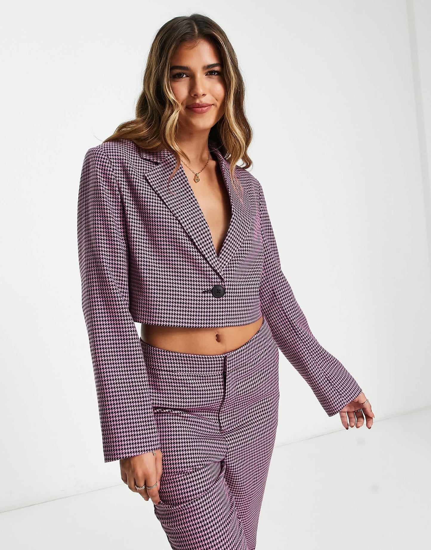Stradivarius boucle blazer in purple & black check co-ord