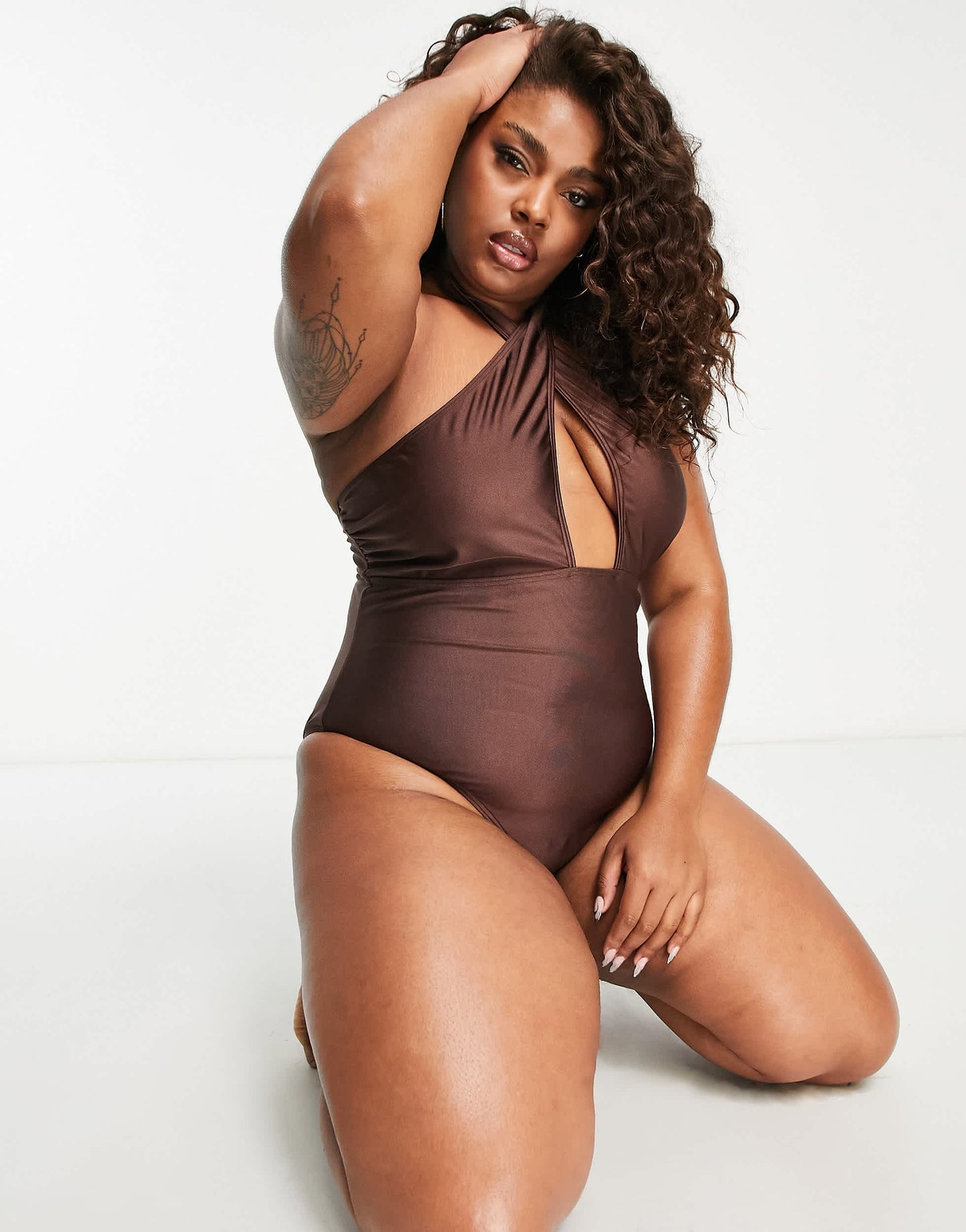 South Beach Curve Exclusive cut out halter swimsuit in brown