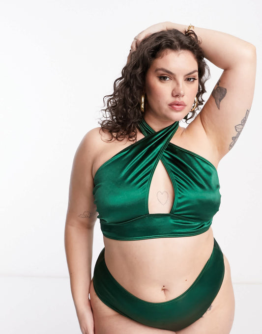 South Beach Curve Exclusive halter wrap bikini top in high shine emerald green