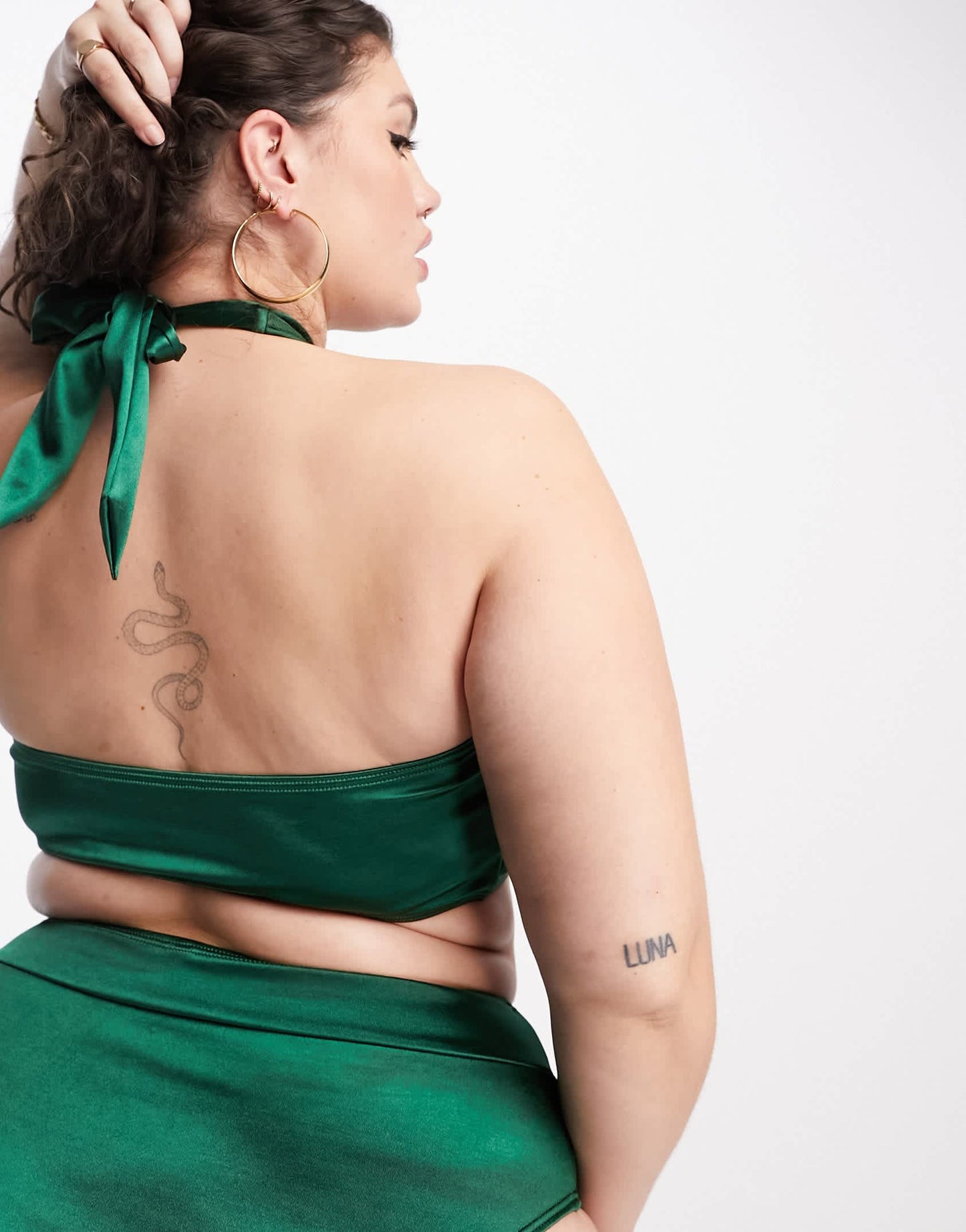 South Beach Curve Exclusive halter wrap bikini top in high shine emerald green