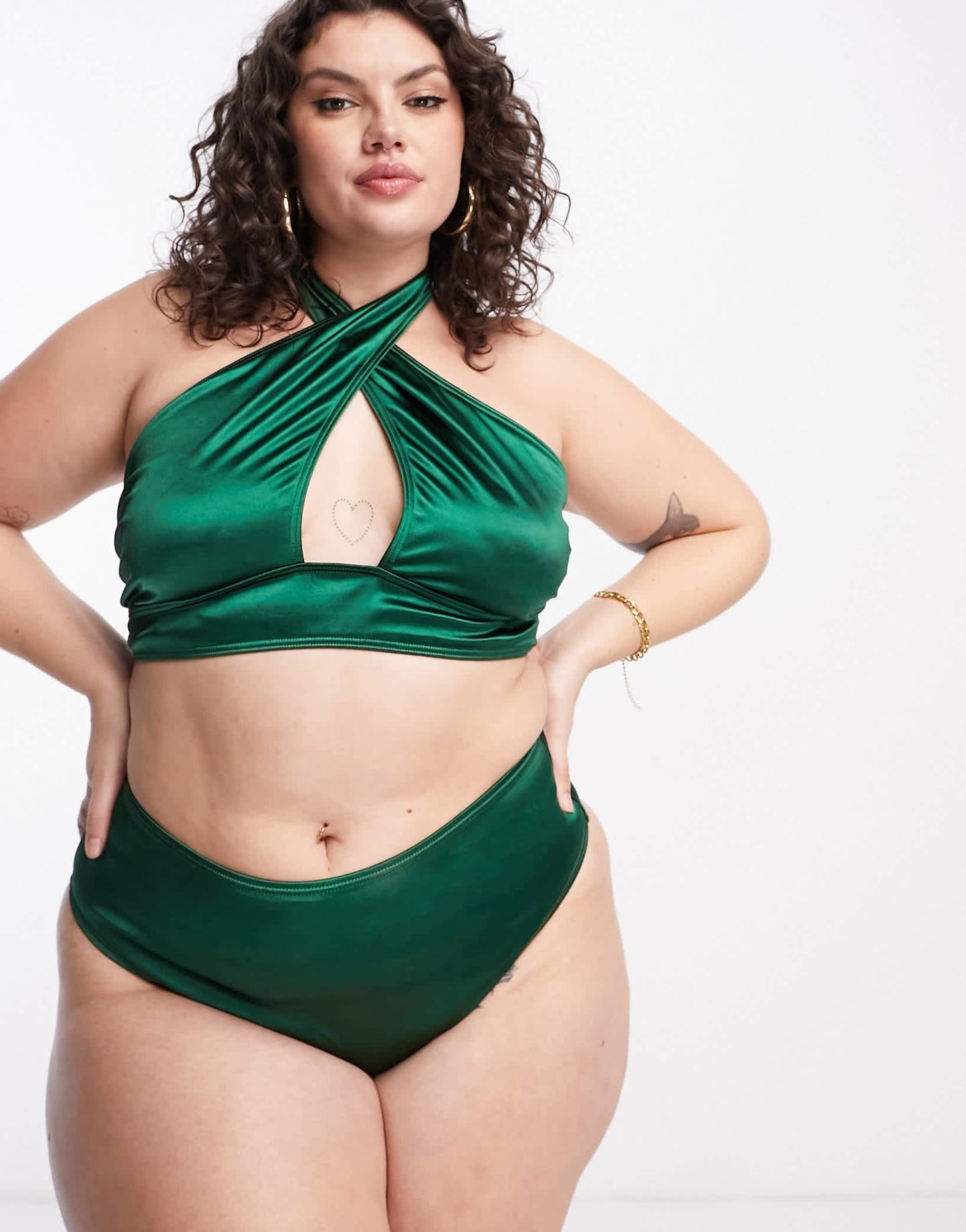 South Beach Curve Exclusive halter wrap bikini top in high shine emerald green