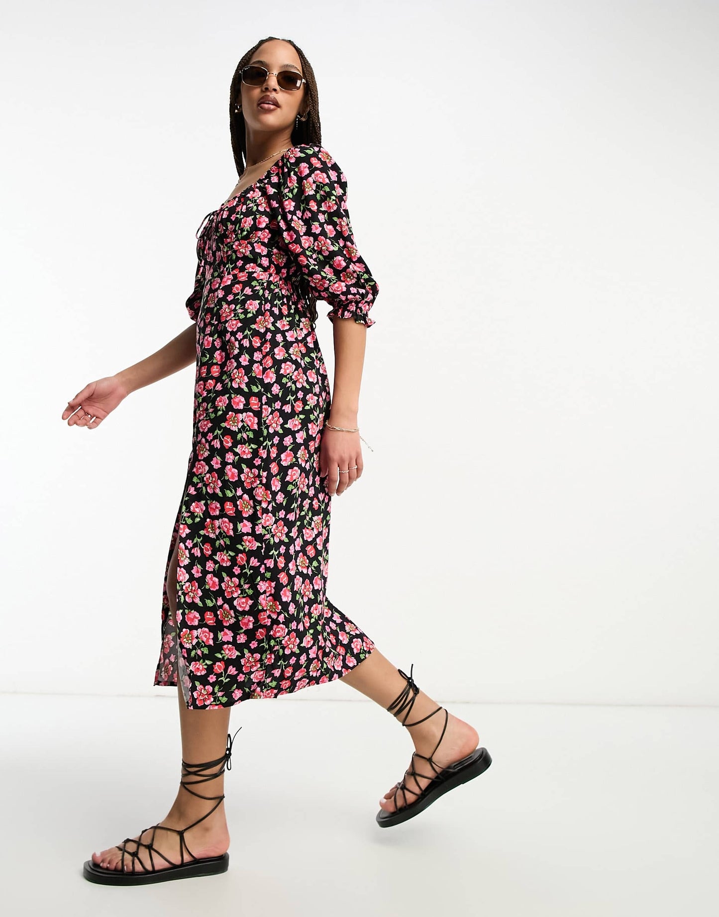 Miss Selfridge long sleeve milkmaid midi dress in red ditsy floral