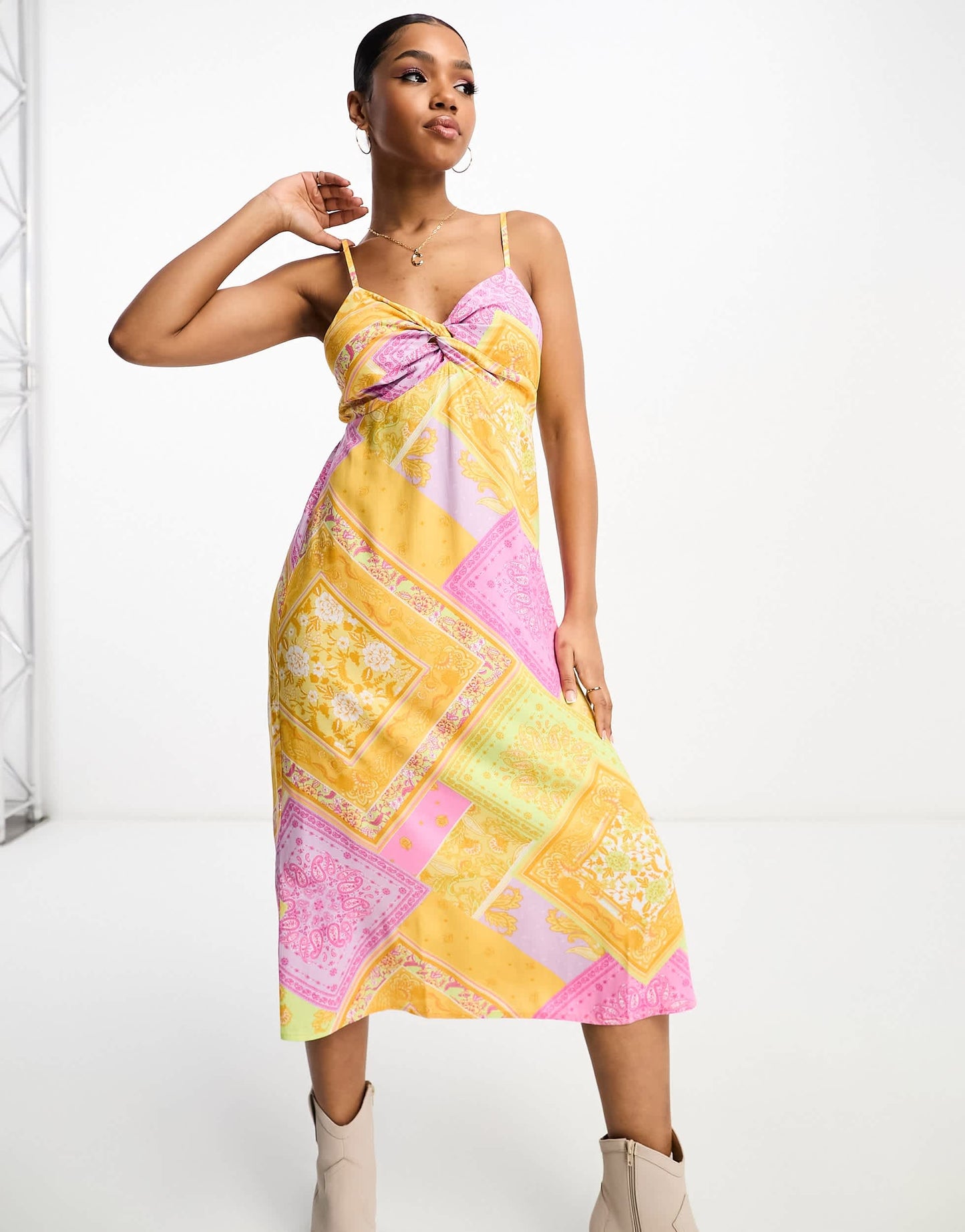 Miss Selfridge twist front midi slip dress in multicolour scarf print