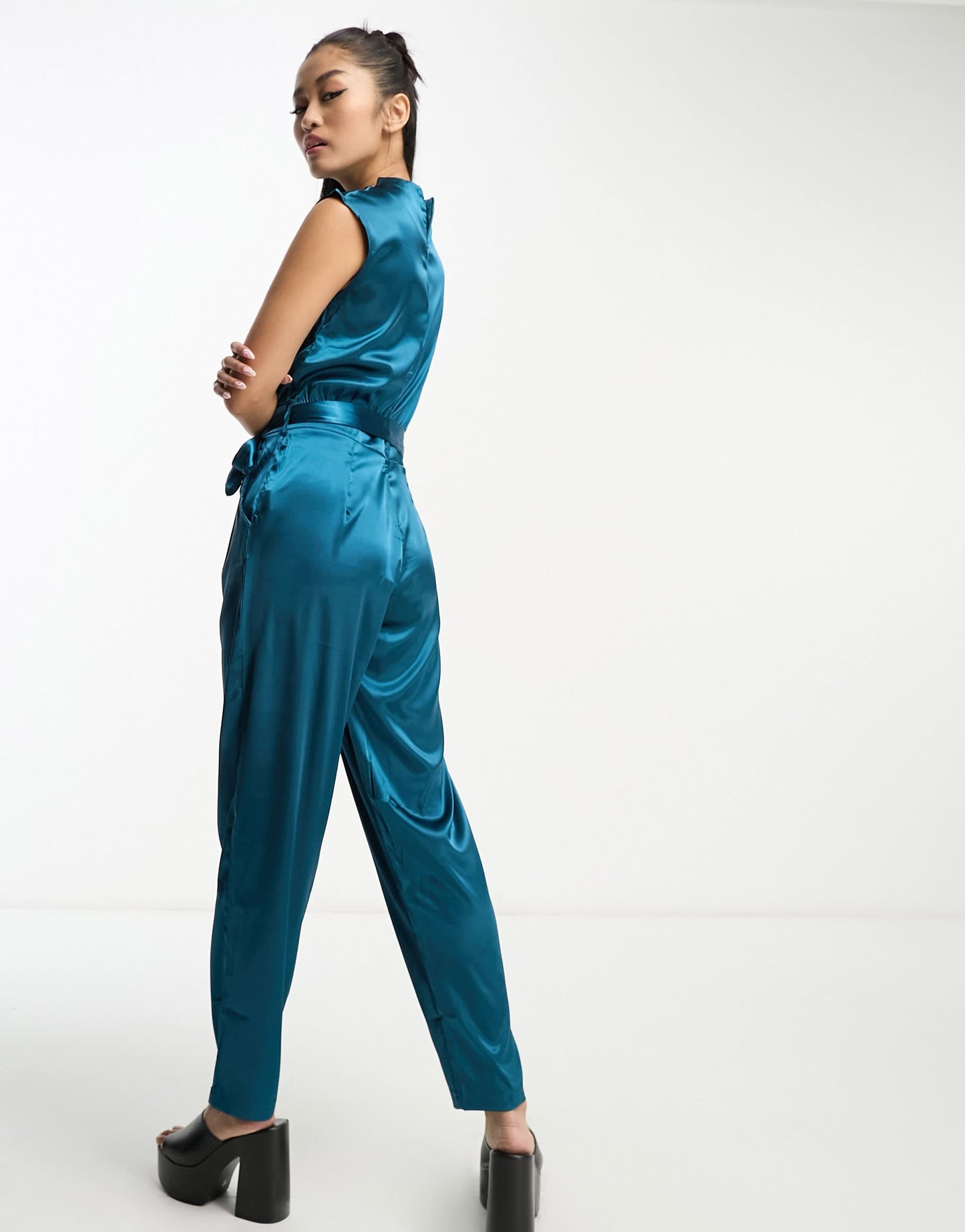 Heartbreak satin high neck ruched jumpsuit in teal