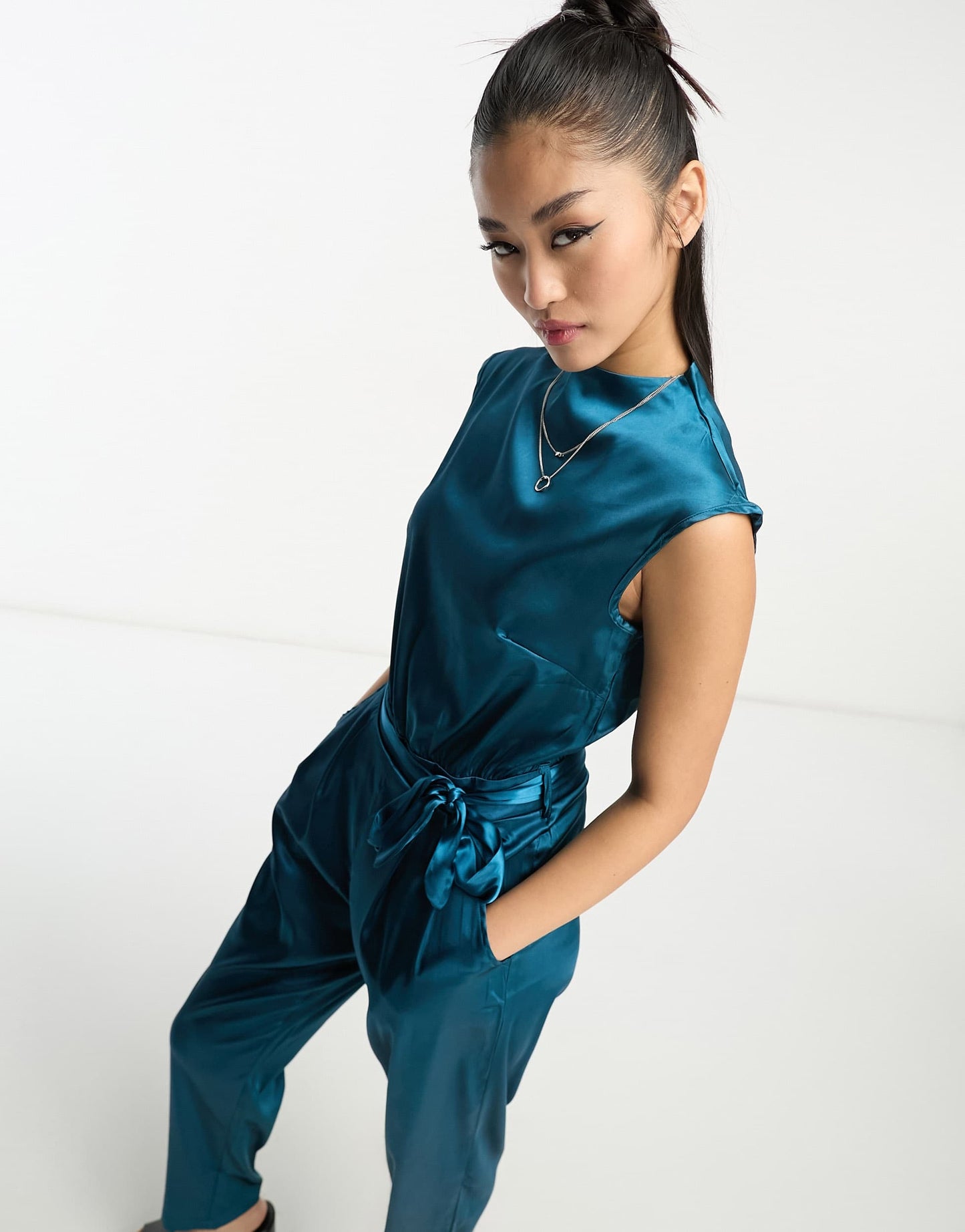 Heartbreak satin high neck ruched jumpsuit in teal