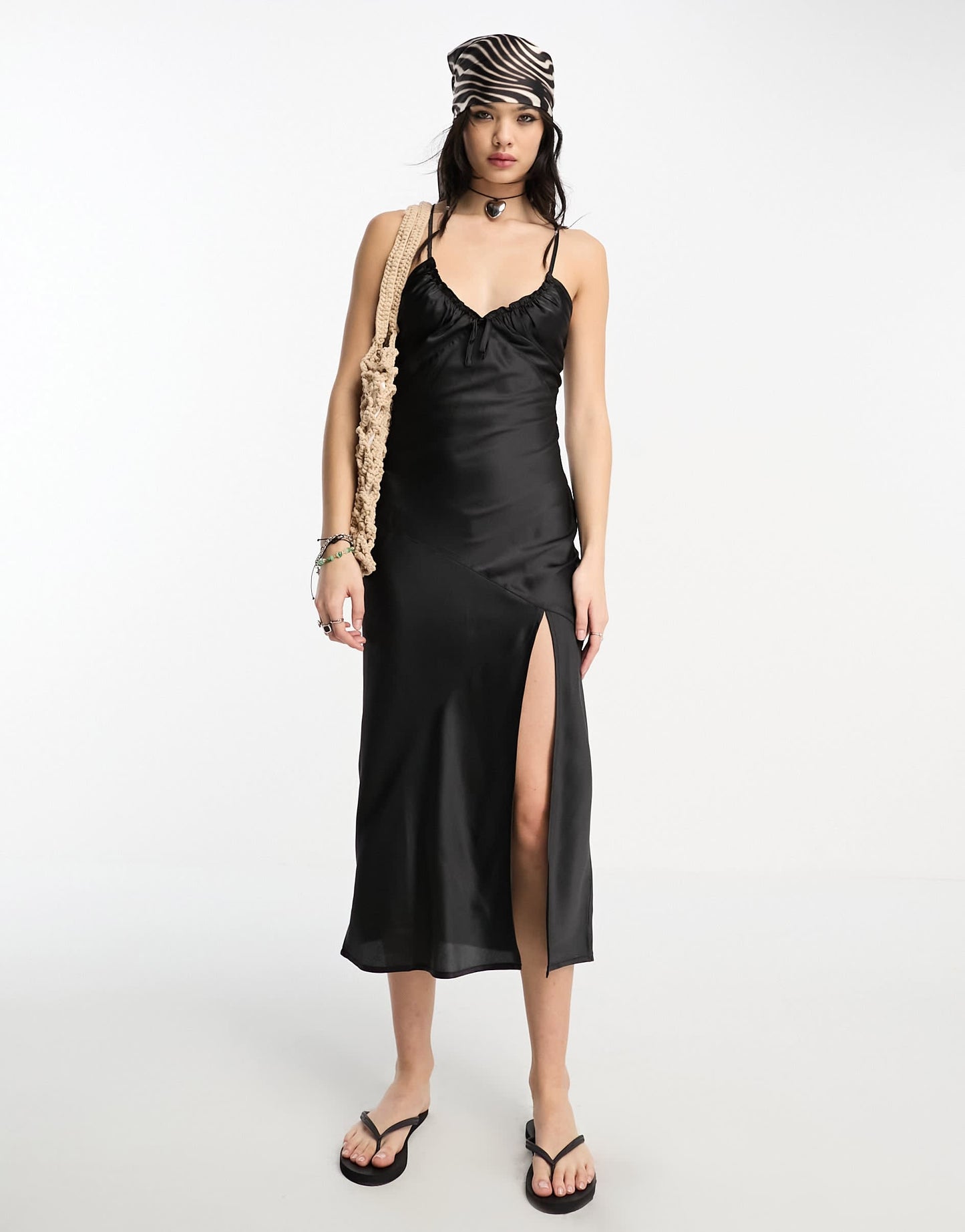 Reclaimed Vintage midi cami dress in black with tie back