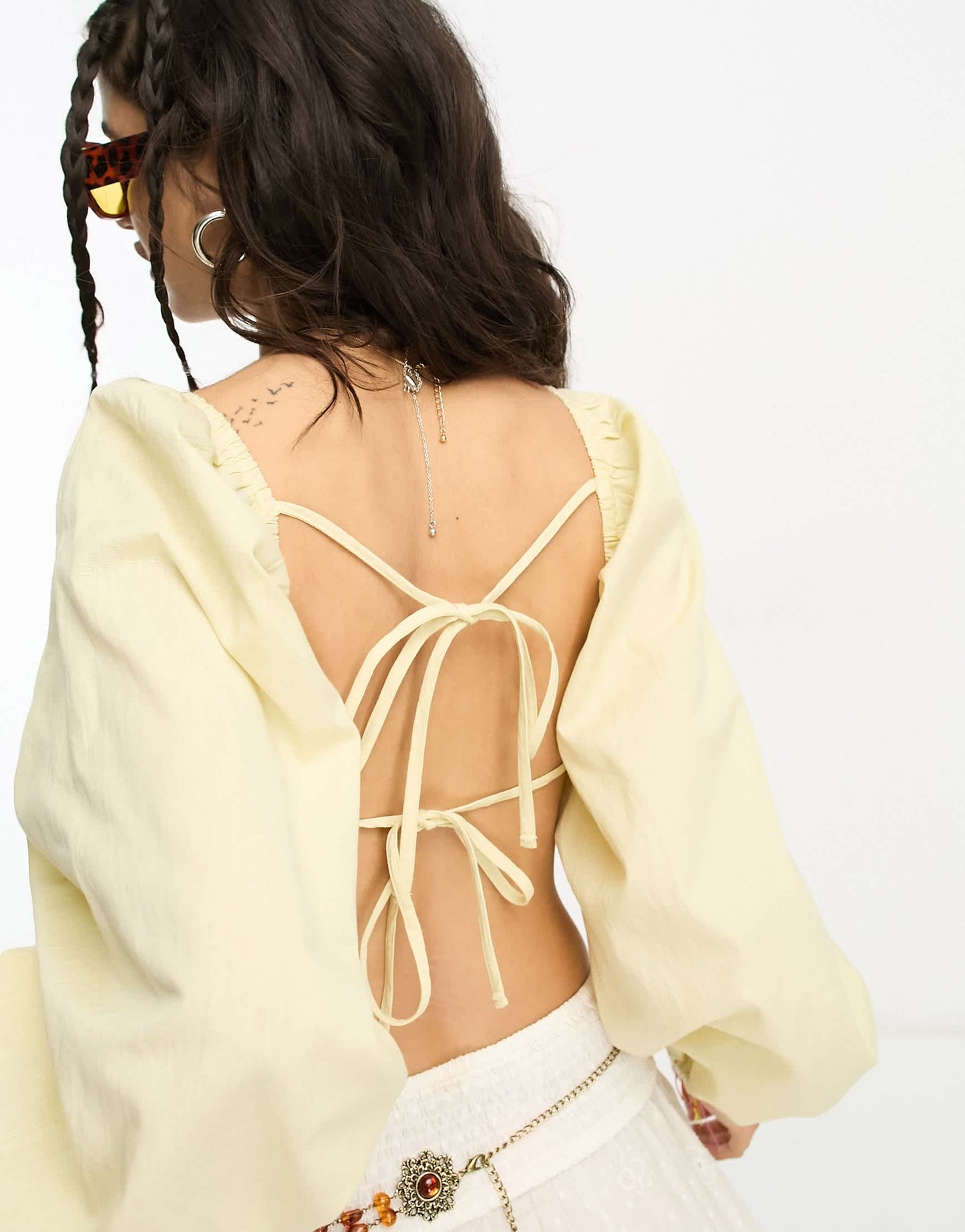 Reclaimed Vintage super crop long sleeve tie front linen look top