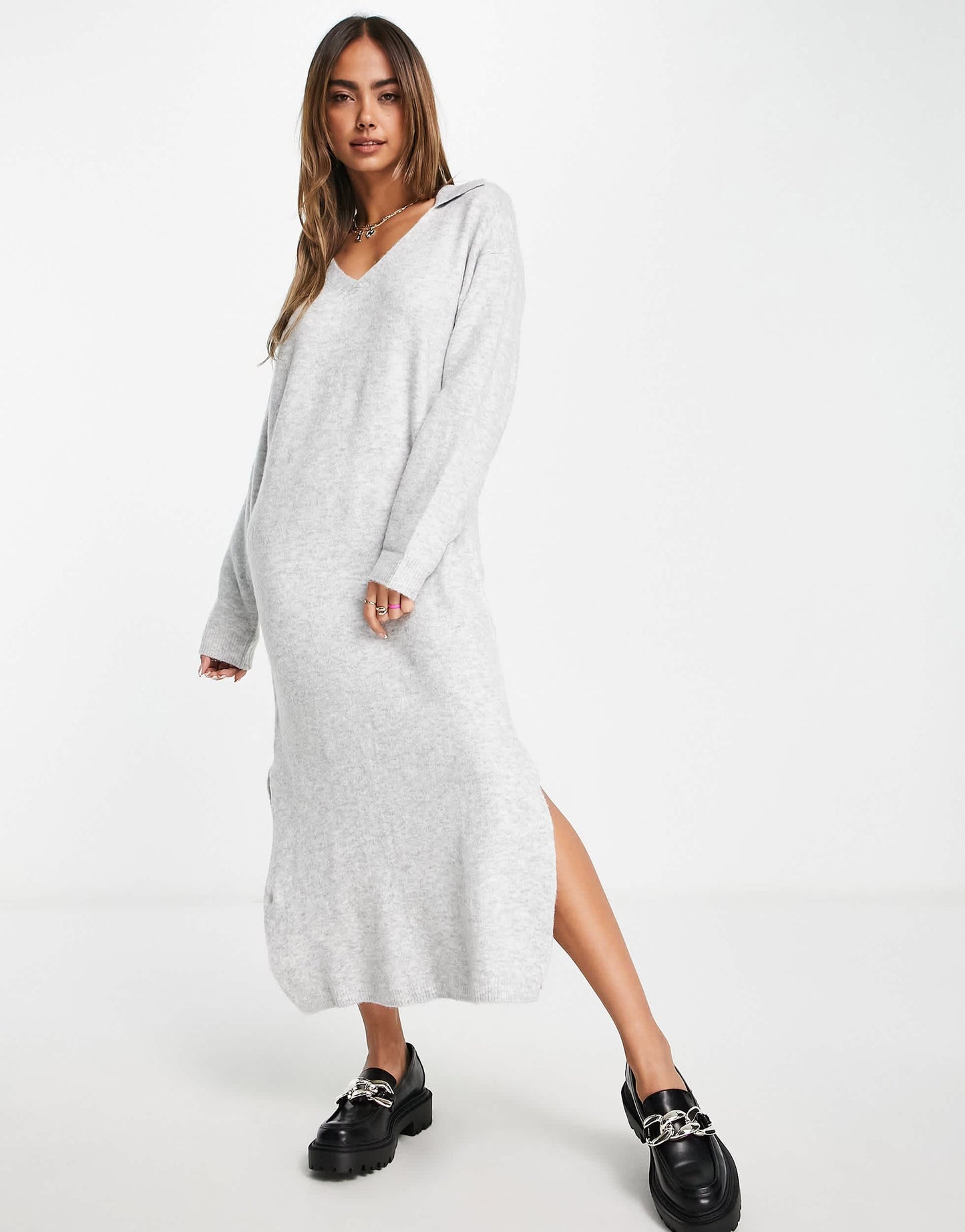 Bershka polo collar knitted midi dress in grey