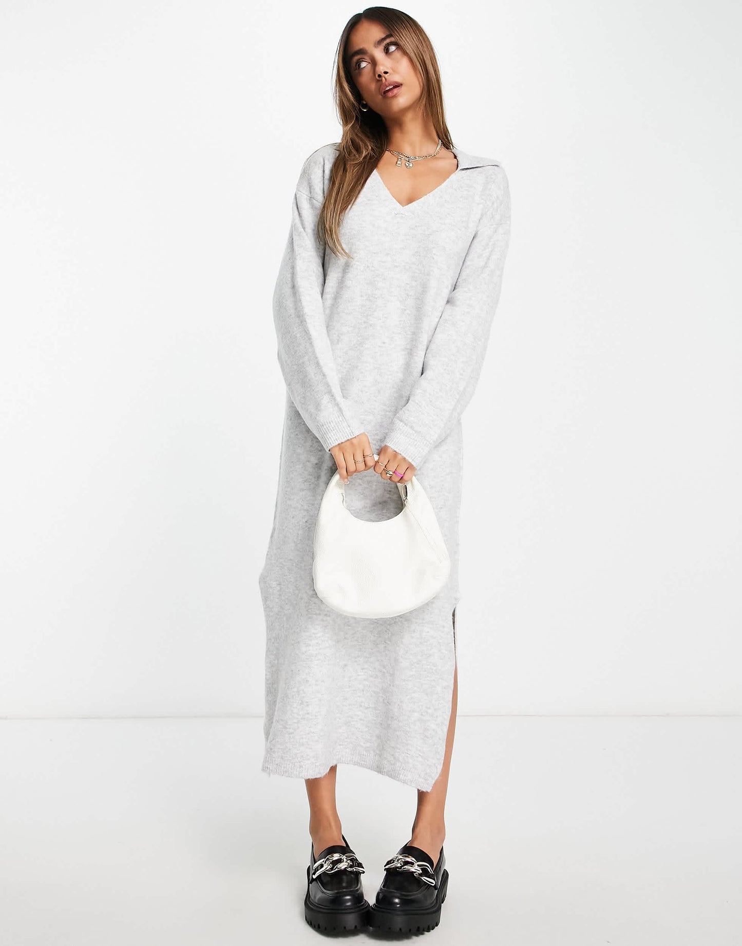 Bershka polo collar knitted midi dress in grey